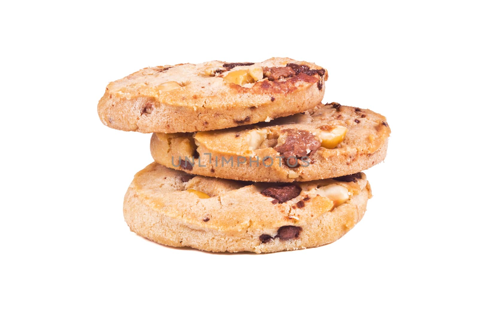 three round shortbread cookies with nuts and chocolate on a white background