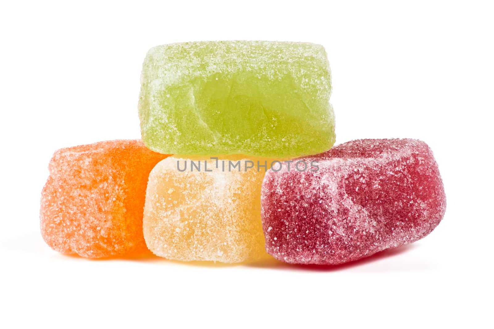 Marmalade, jujube, juicy sweets in sugar on a white background