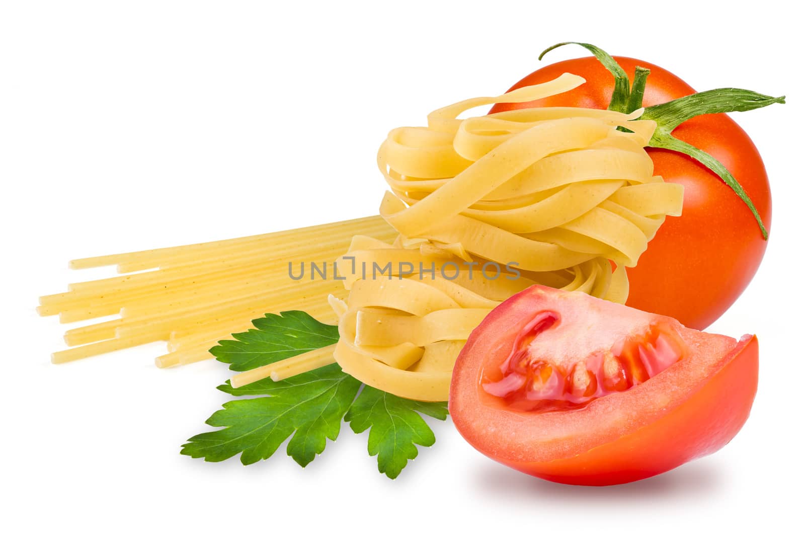 egg noodles, pasta, tomato, slice tomatoes and fresh parsley leaf on a white background