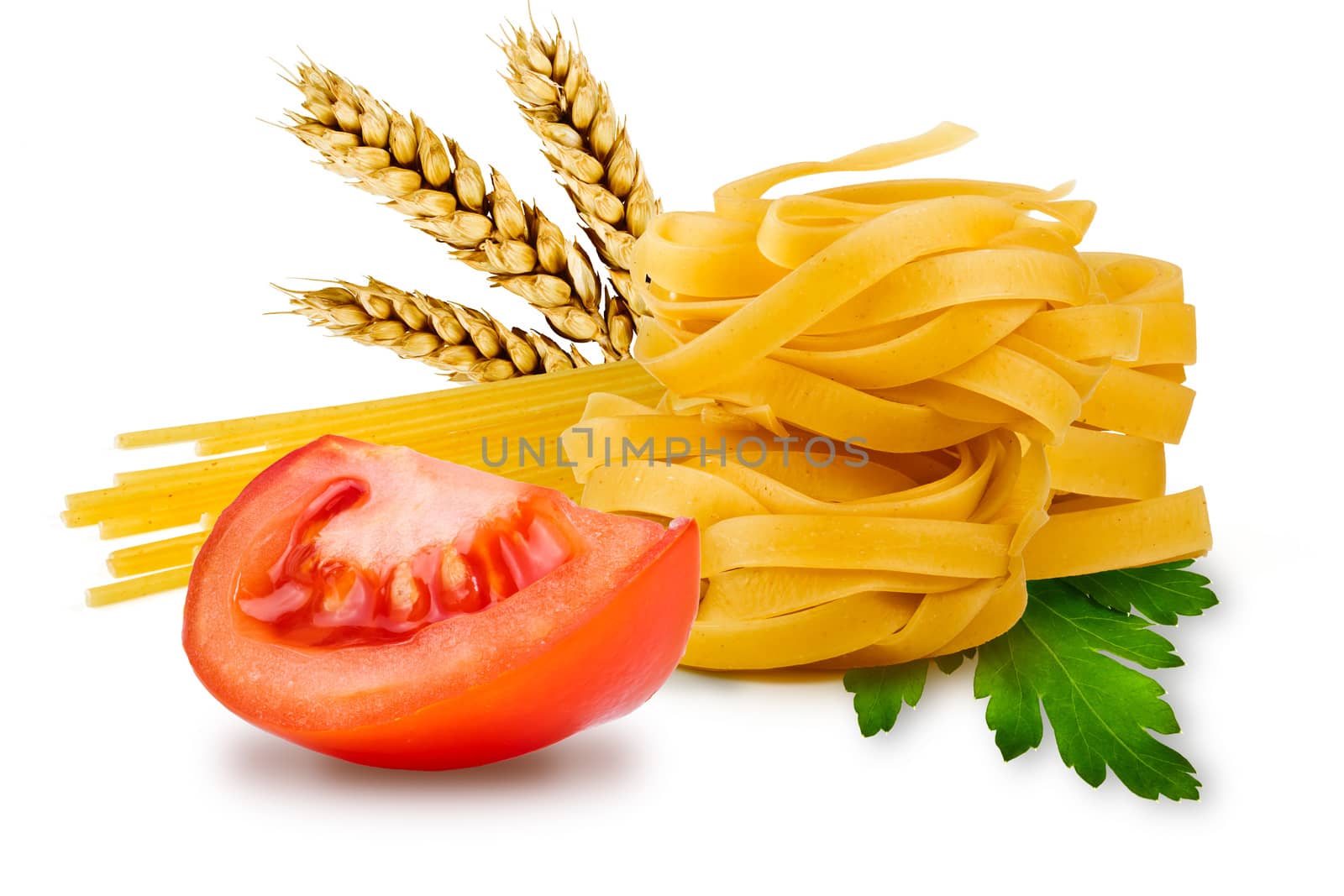 egg noodles, pasta, tomato, slice tomatoes, ears of wheat, and fresh parsley leaf on a white background