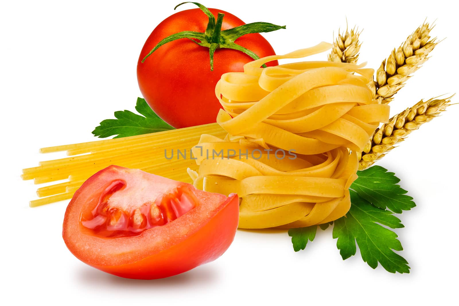 egg noodles, pasta, tomato, slice tomatoes, ears of wheat, and fresh parsley leaf on a white background