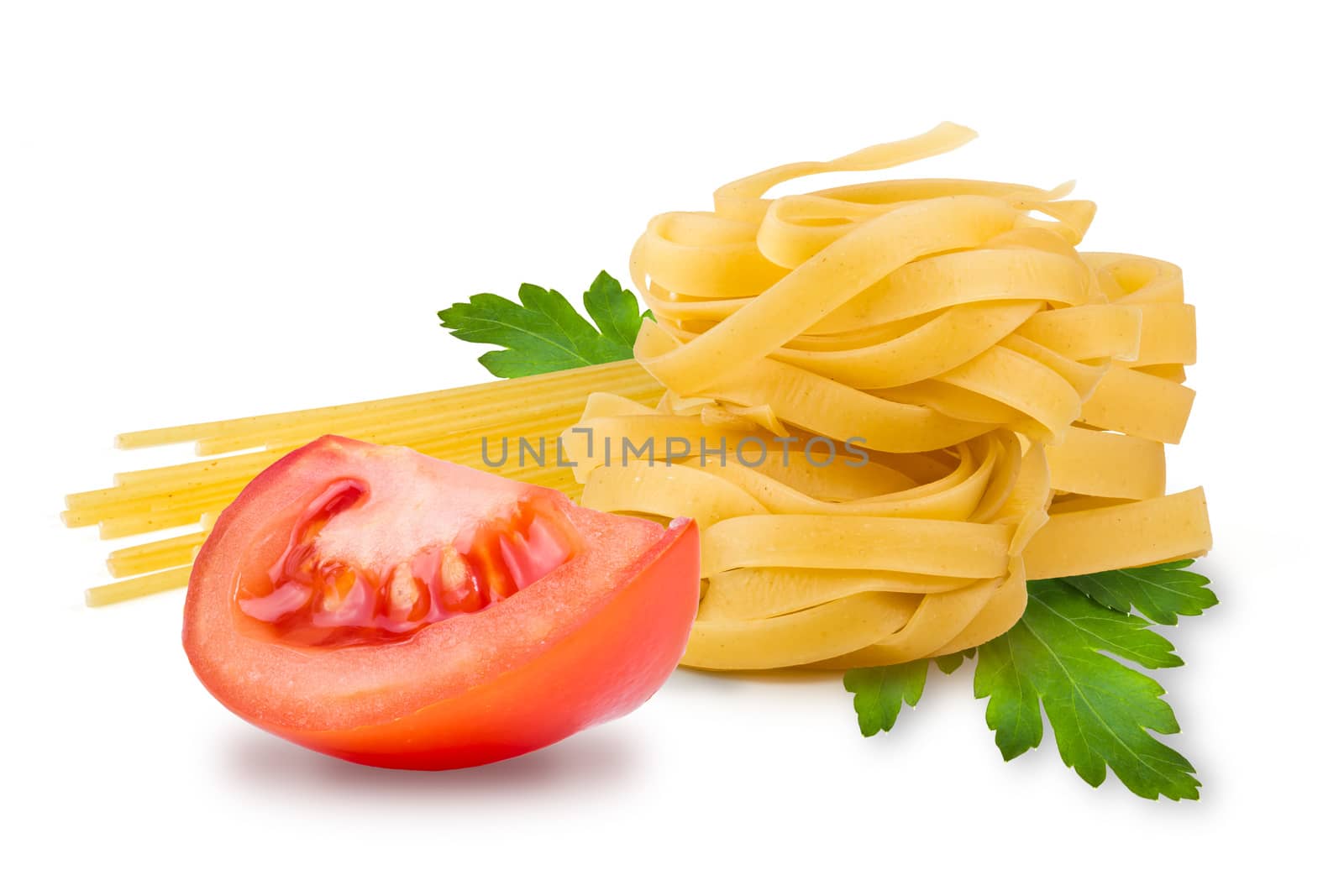 egg noodles, pasta, tomato, slice tomatoes and fresh parsley leaf on a white background