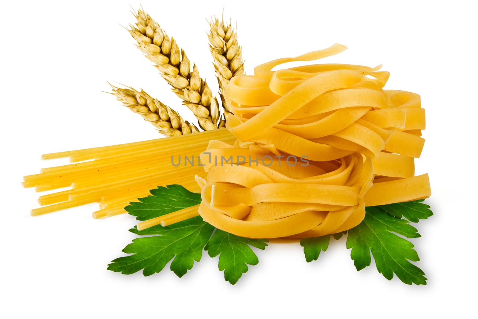 egg noodles, pasta, ears of wheat and fresh parsley leaf on a white background