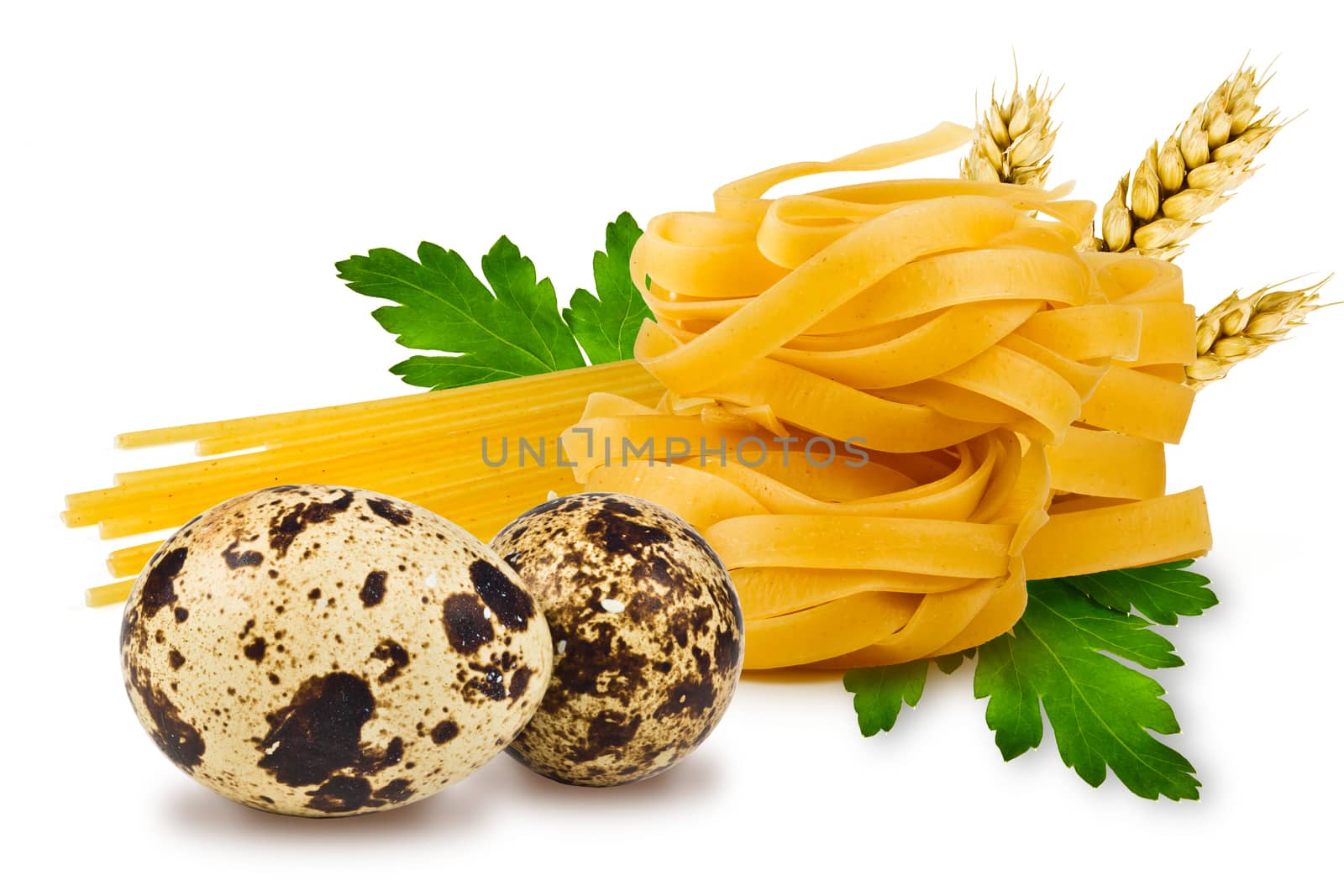 egg noodles, pasta, ears of wheat, fresh parsley leaf and quail egg on a white background