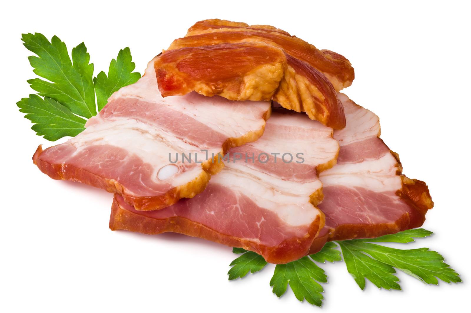 Smoked pork brisket and green leaves of parsley on a white background