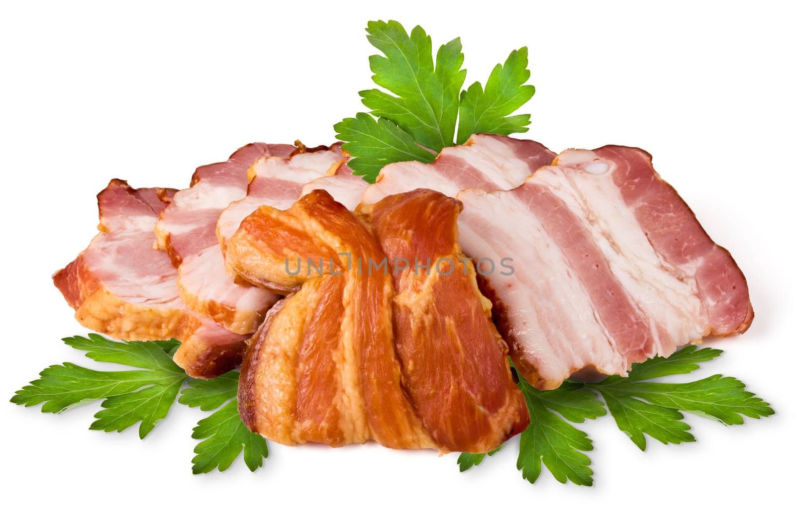 Smoked pork brisket and green leaves of parsley on a white background