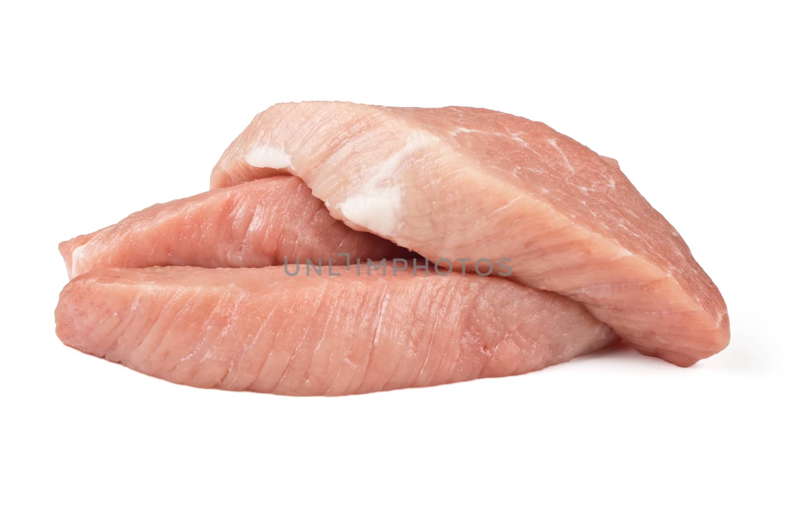 three pieces of fresh meat on white background