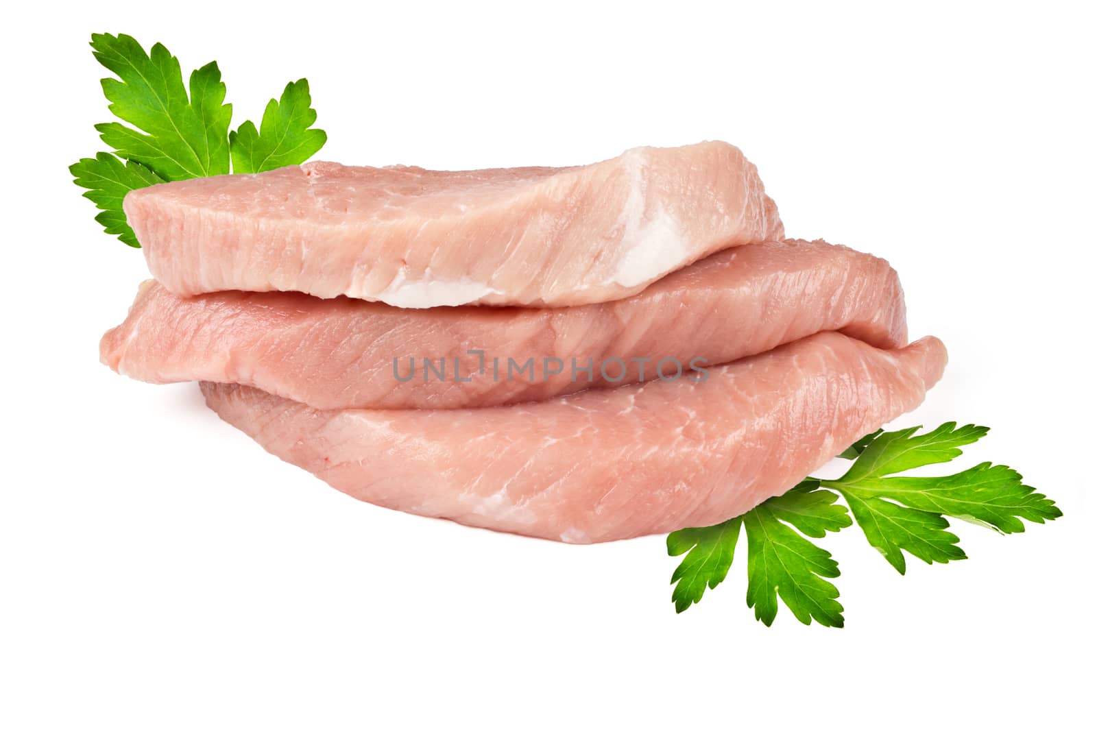 three pieces of fresh meat and parsley leaves on white background