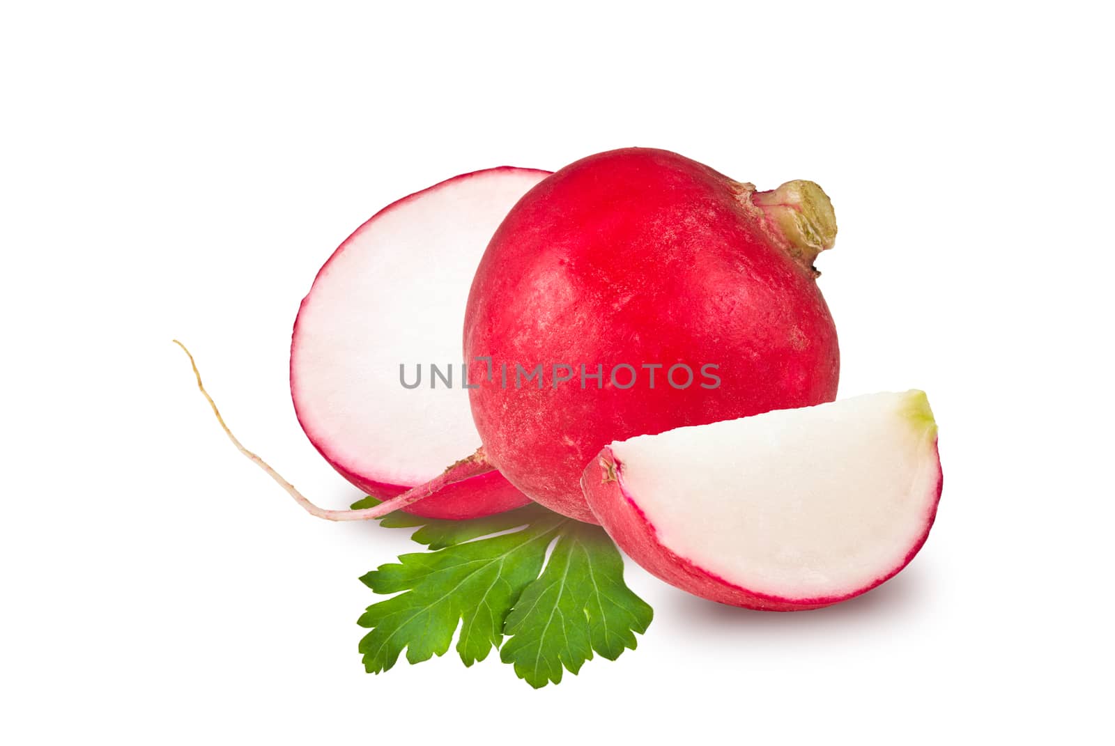 radishes whole, half, slice and parsley leaf on white background