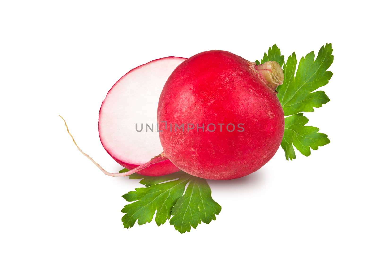 whole radish, parsley leaf and half on white background