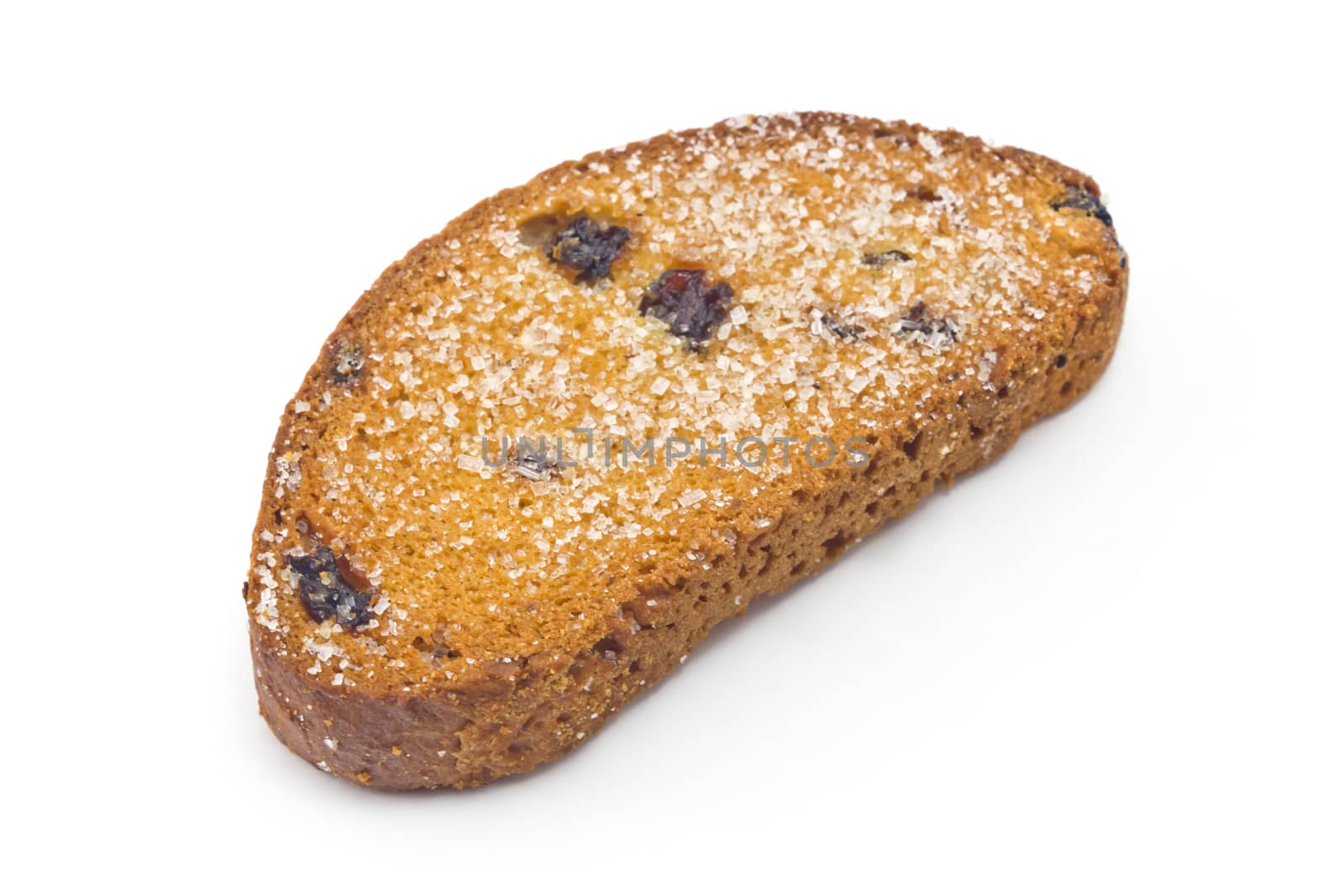 sweet rusks with raisins sprinkled with sugar on a white background