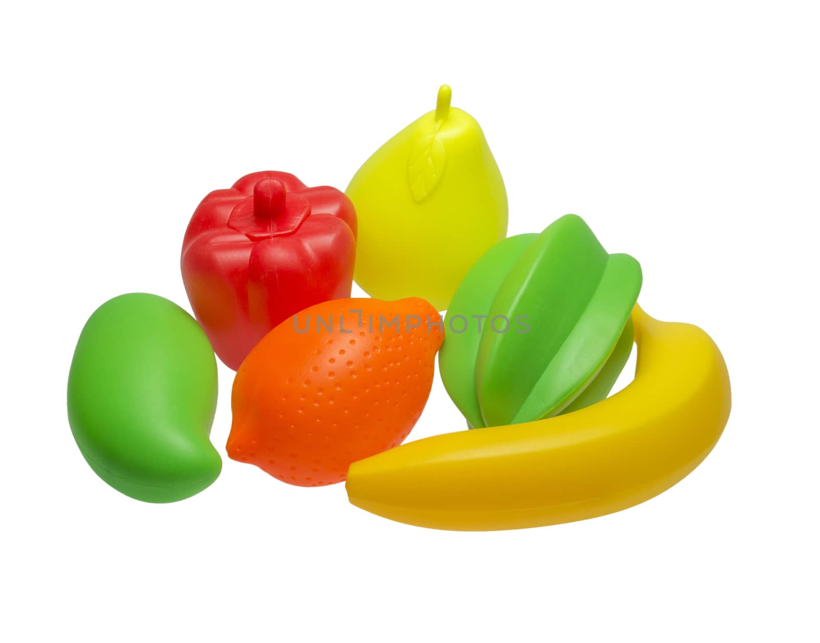Multi fruit a on white background , plastic toy 