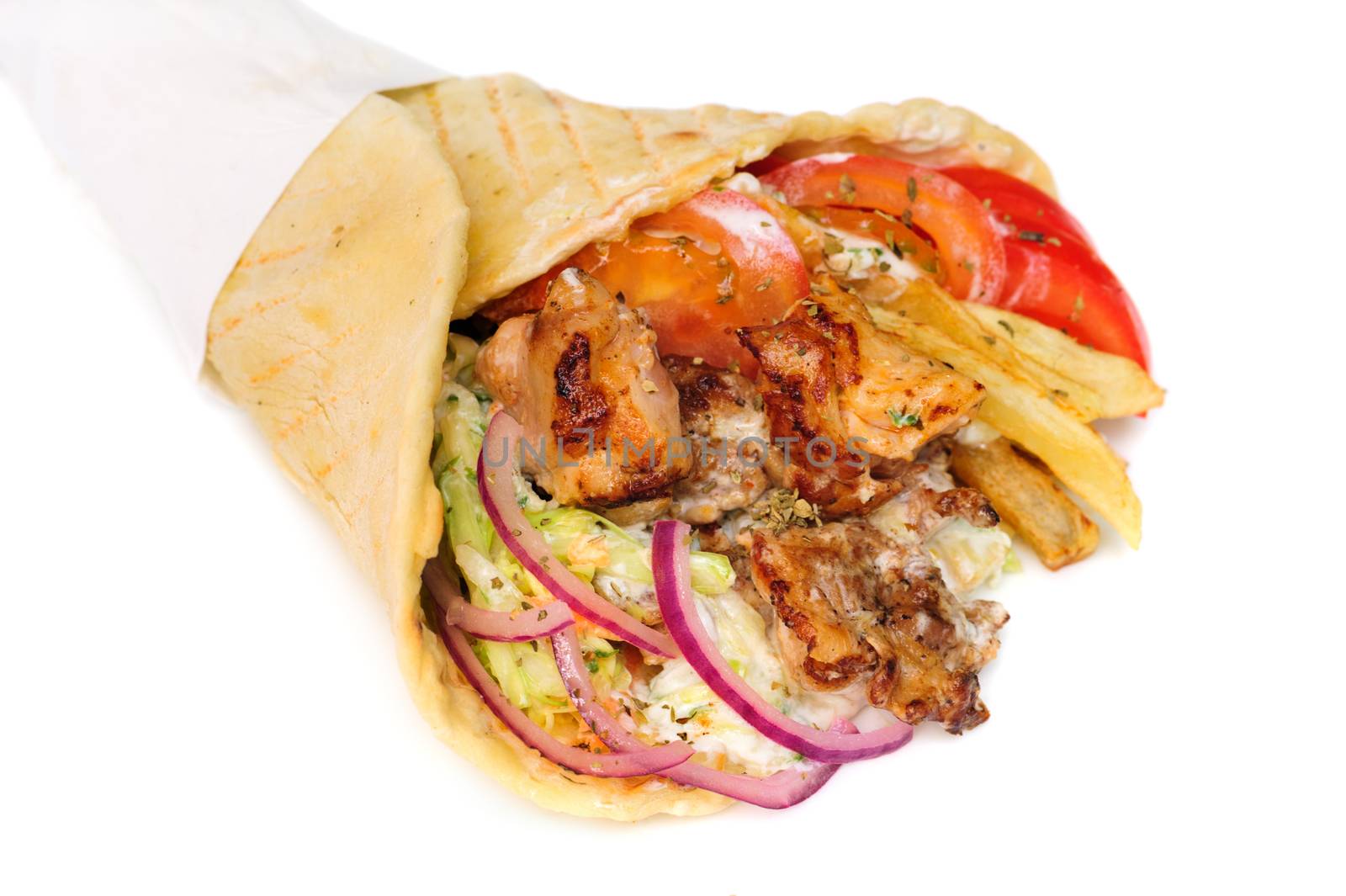 greek gyros stuffed with meat, salad, onion, tomato and potato