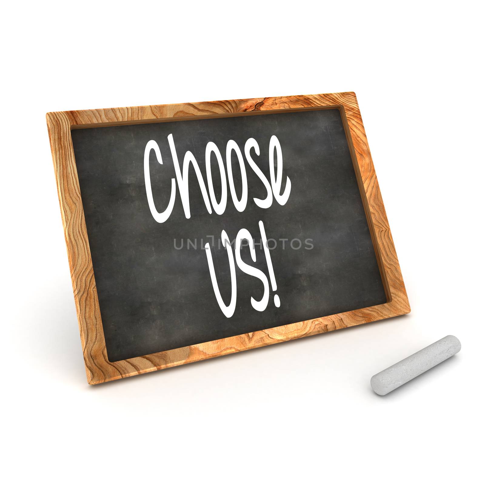 A Colourful 3d Rendered Concept Illustration showing "Choose Us" Written on a Blackboard with Chalk