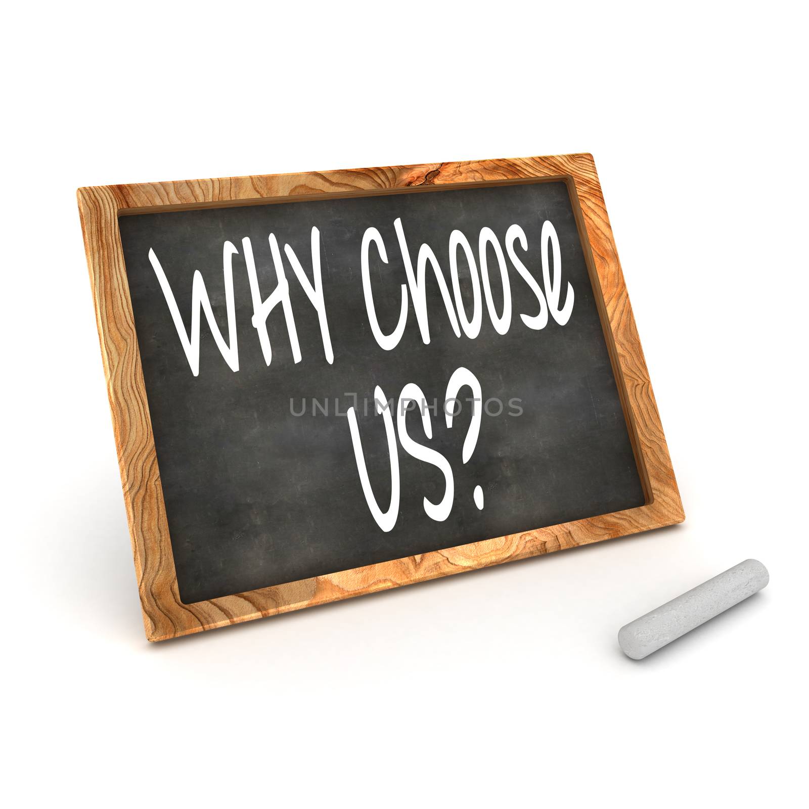 Blackboard showing "Why Choose Us!" by head-off