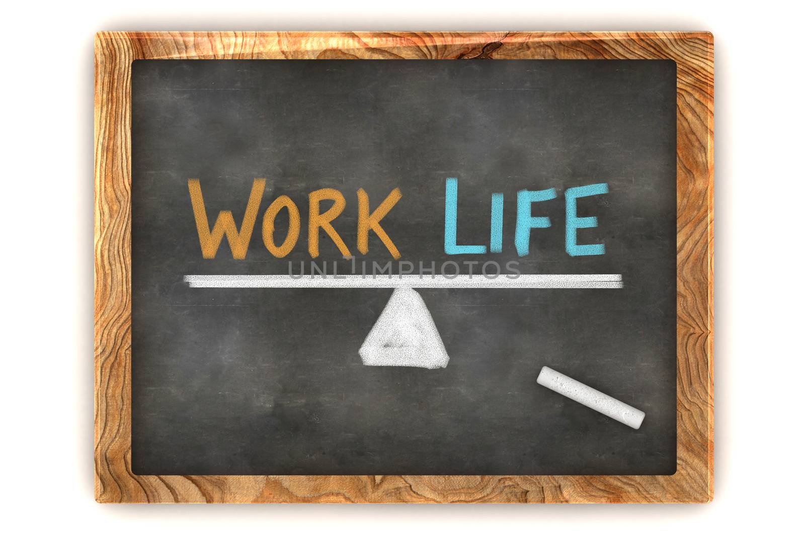 A Colourful 3d Rendered Concept Illustration showing a balance between work and life, written on a blackboard