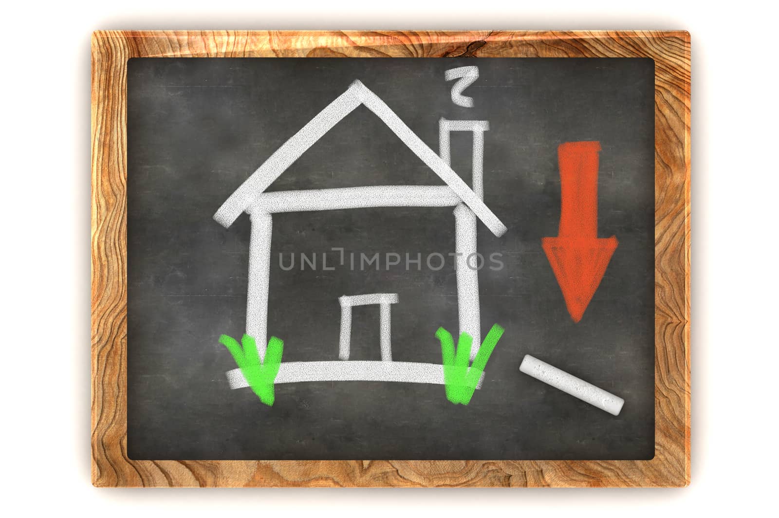 A Colourful 3d Rendered Concept Illustration showing the housing market decline on a Blackboard