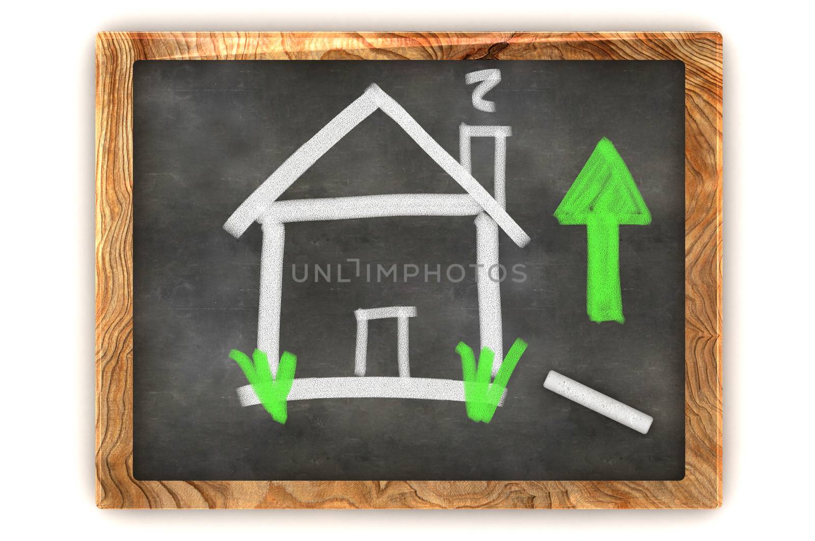 A Colourful 3d Rendered Concept Illustration showing the housing market Rise on a Blackboard