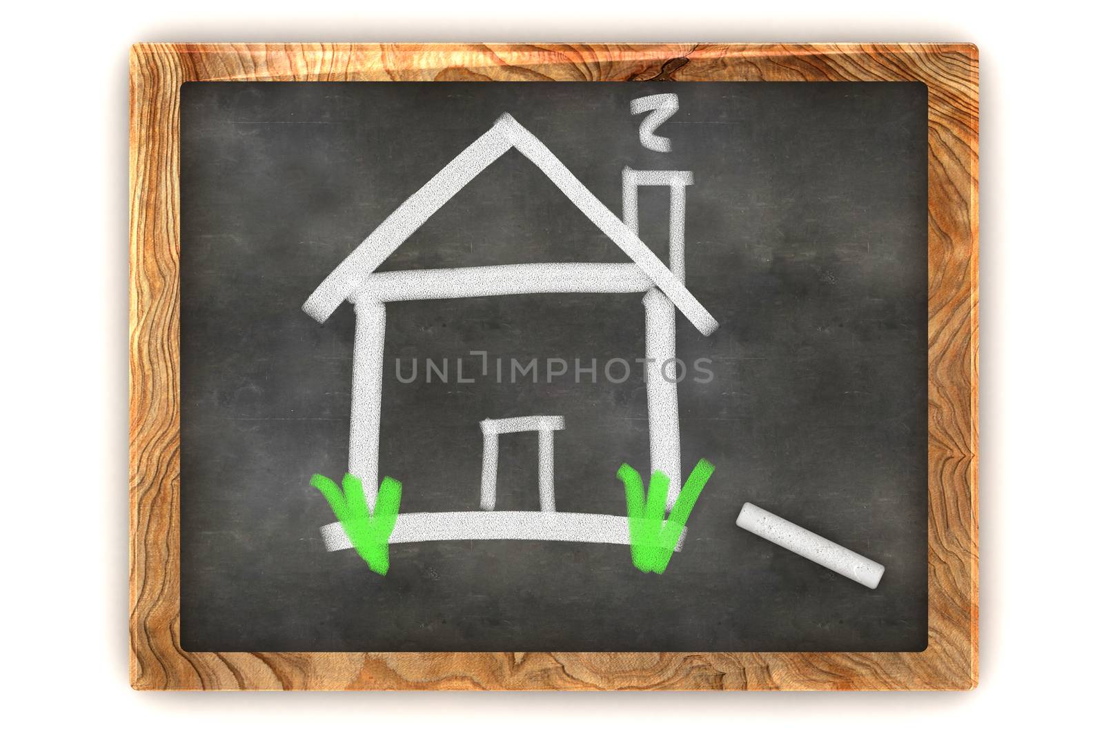 A Colourful 3d Rendered Concept Illustration showing a housing on a Blackboard