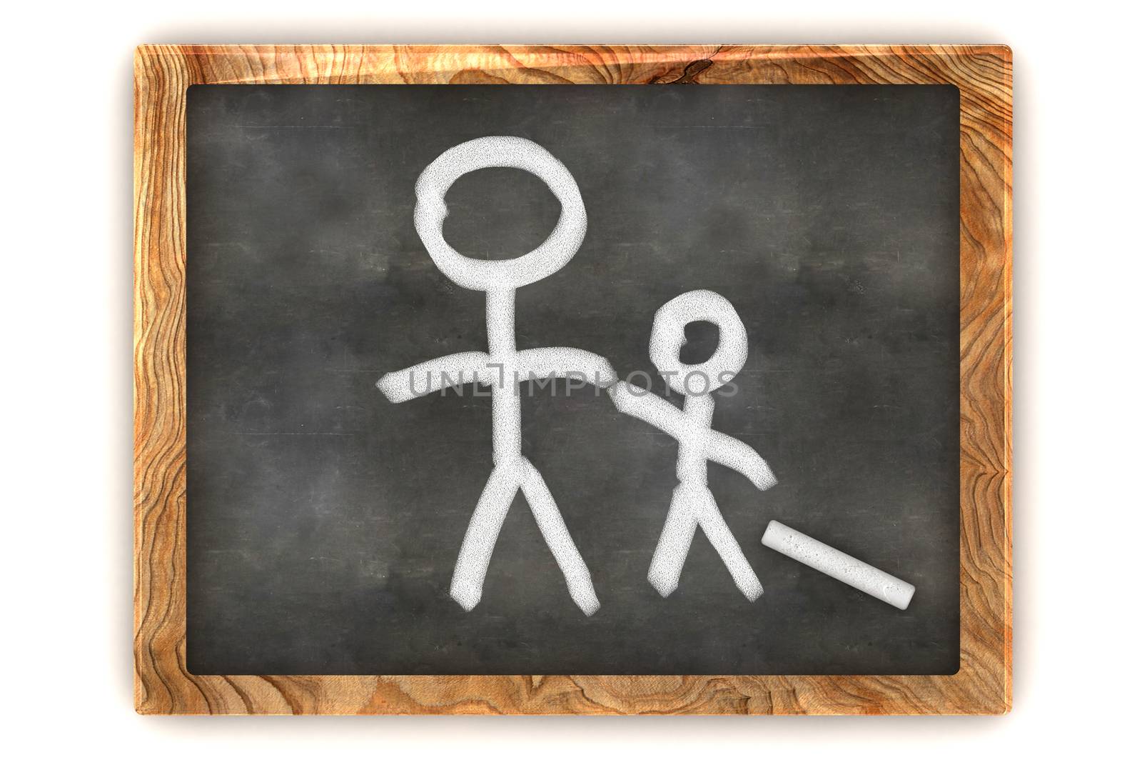 A Colourful 3d Rendered Concept Illustration showing a Man and his Child on a Blackboard