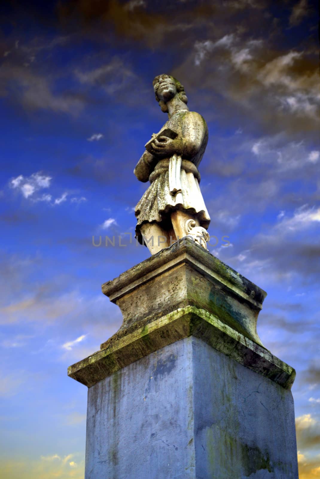 Ancient marble sculpture on the clouds background