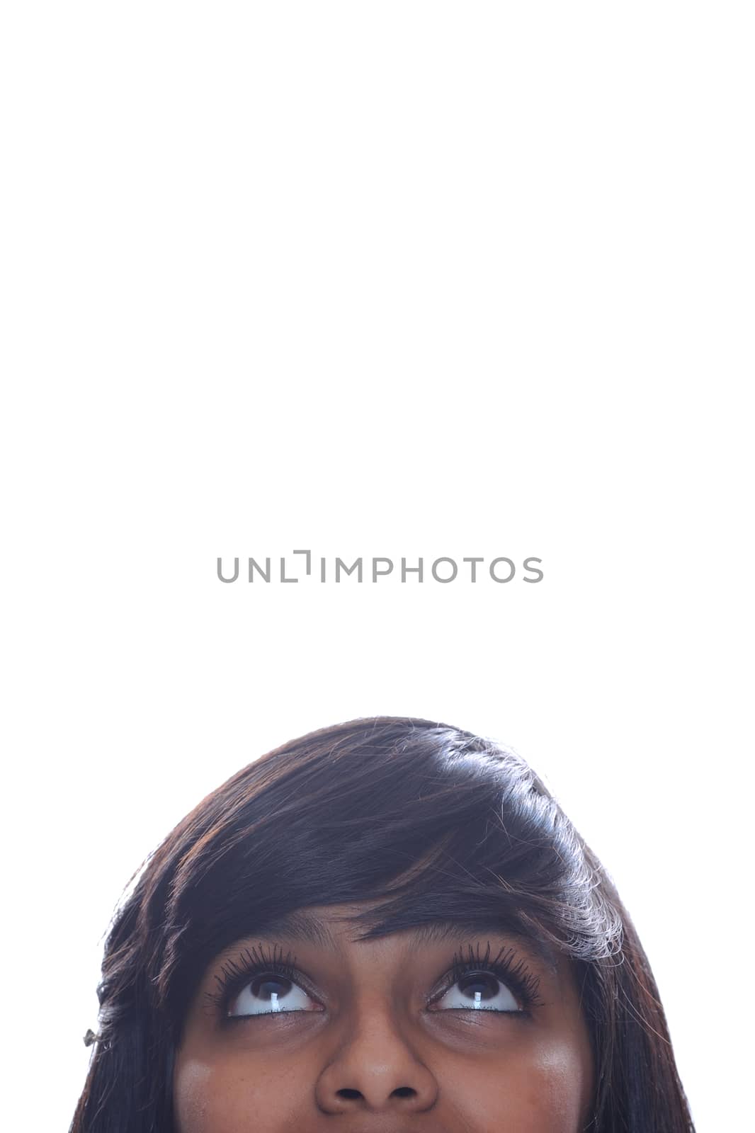 Asian girl looking up with white copyspace