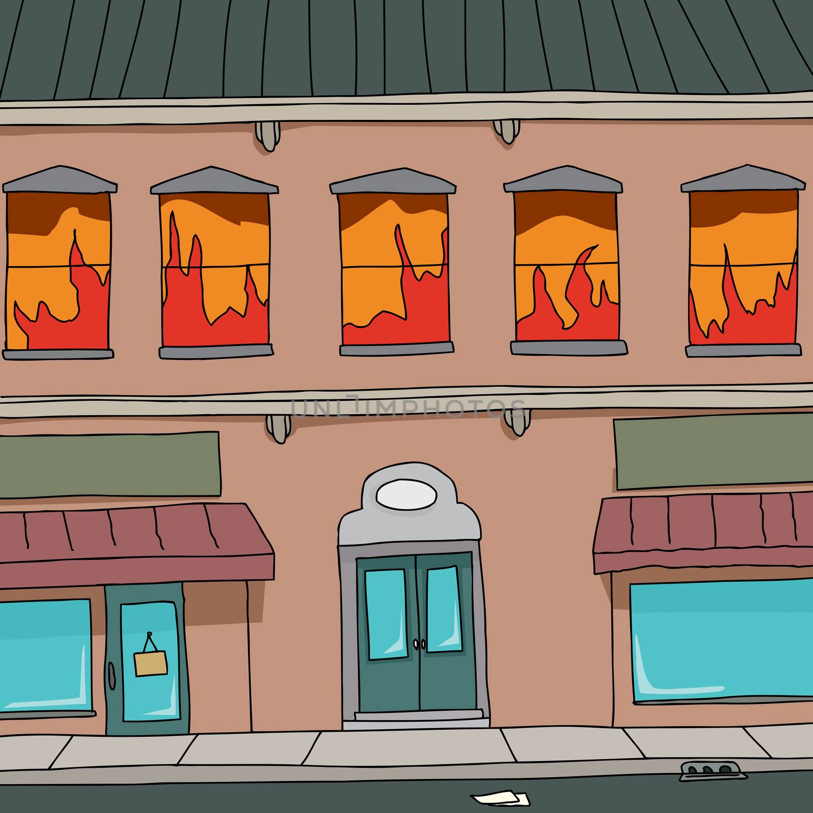 Hand drawn cartoon building with flames in window