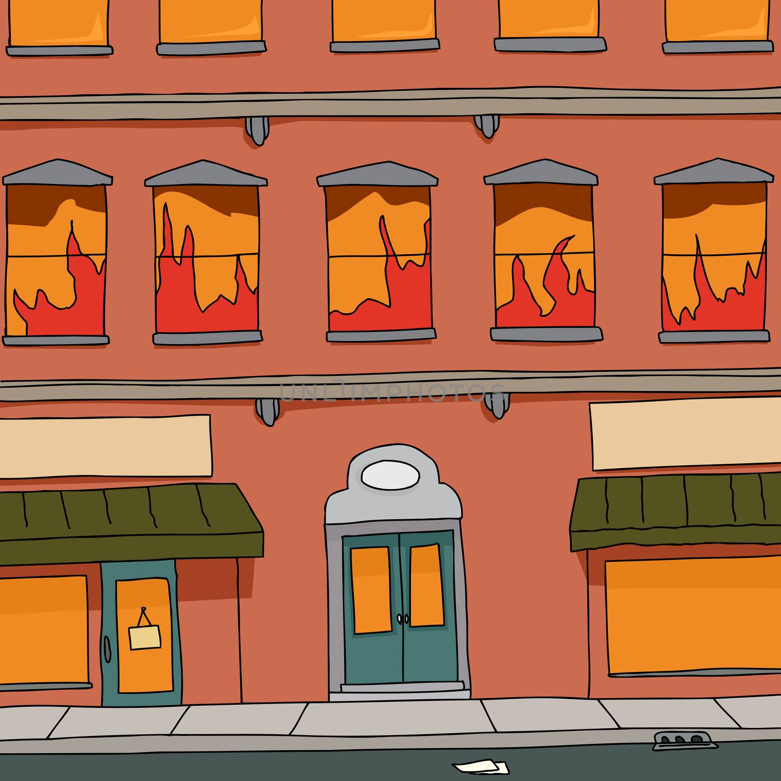 Cartoon of storefront apartment building on fire