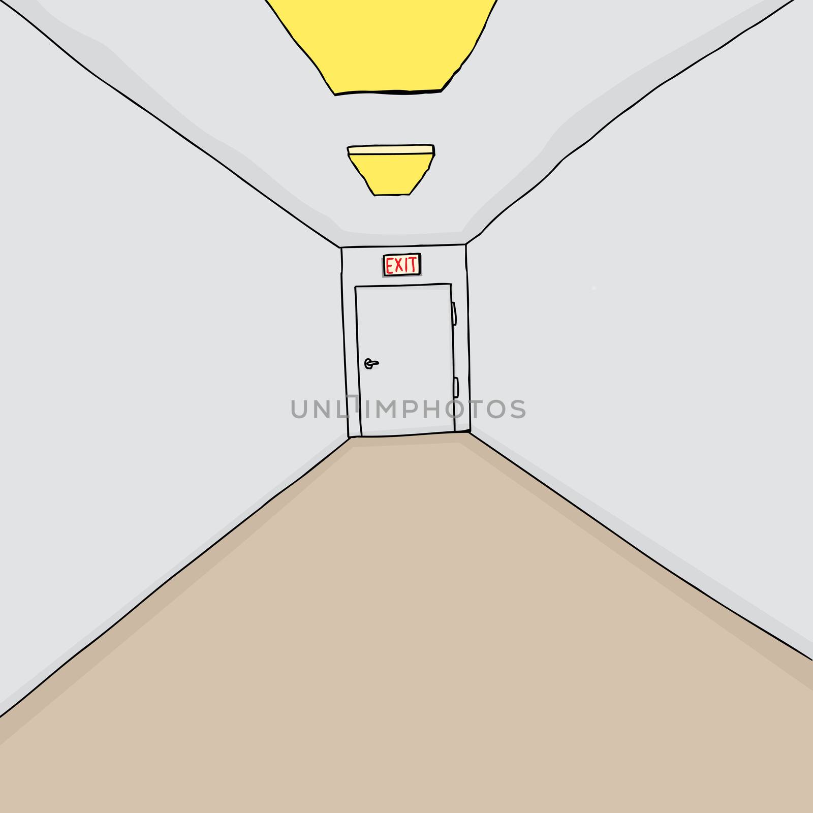 Hand drawn cartoon hallway background with single exit