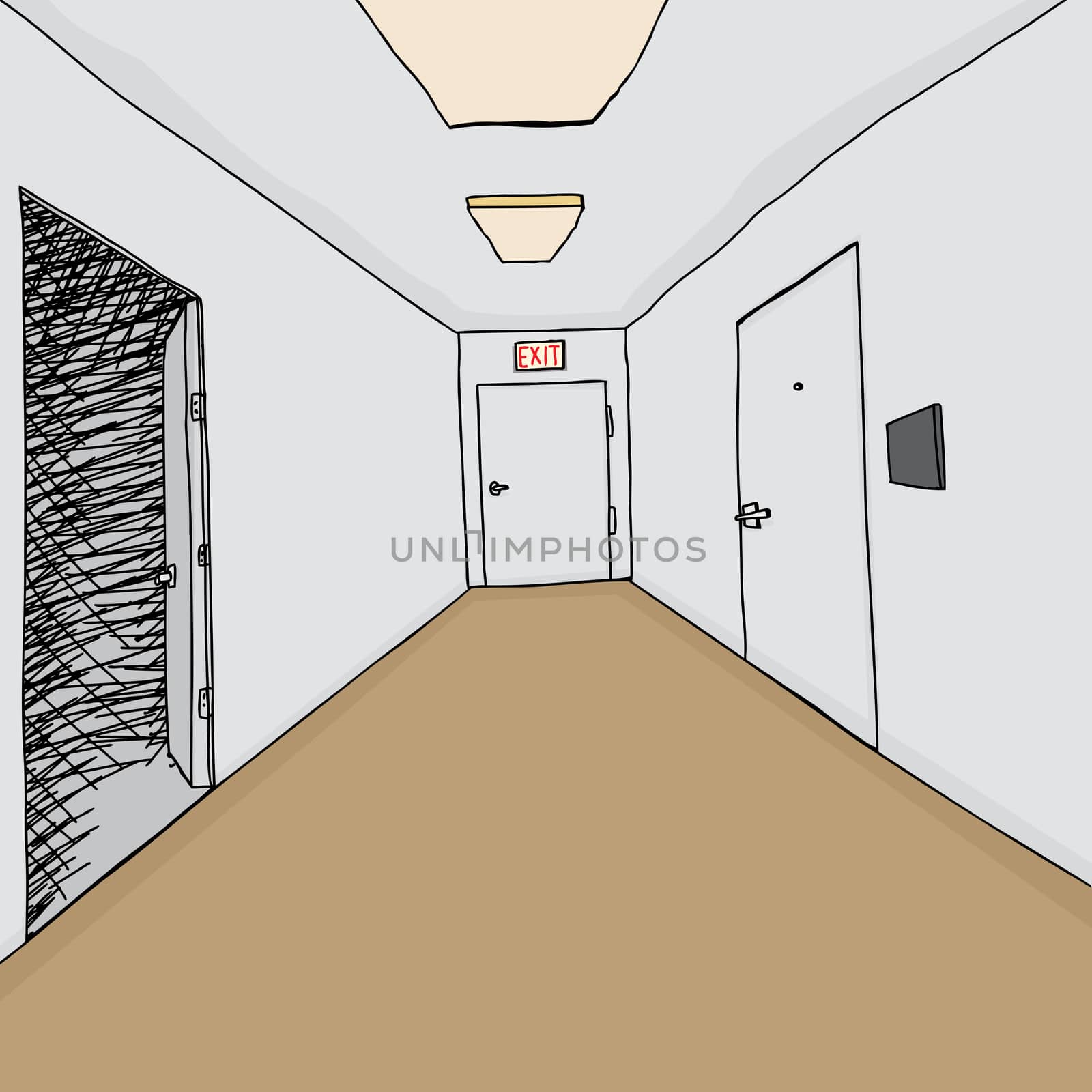 Corridor cartoon background with open door into darkness