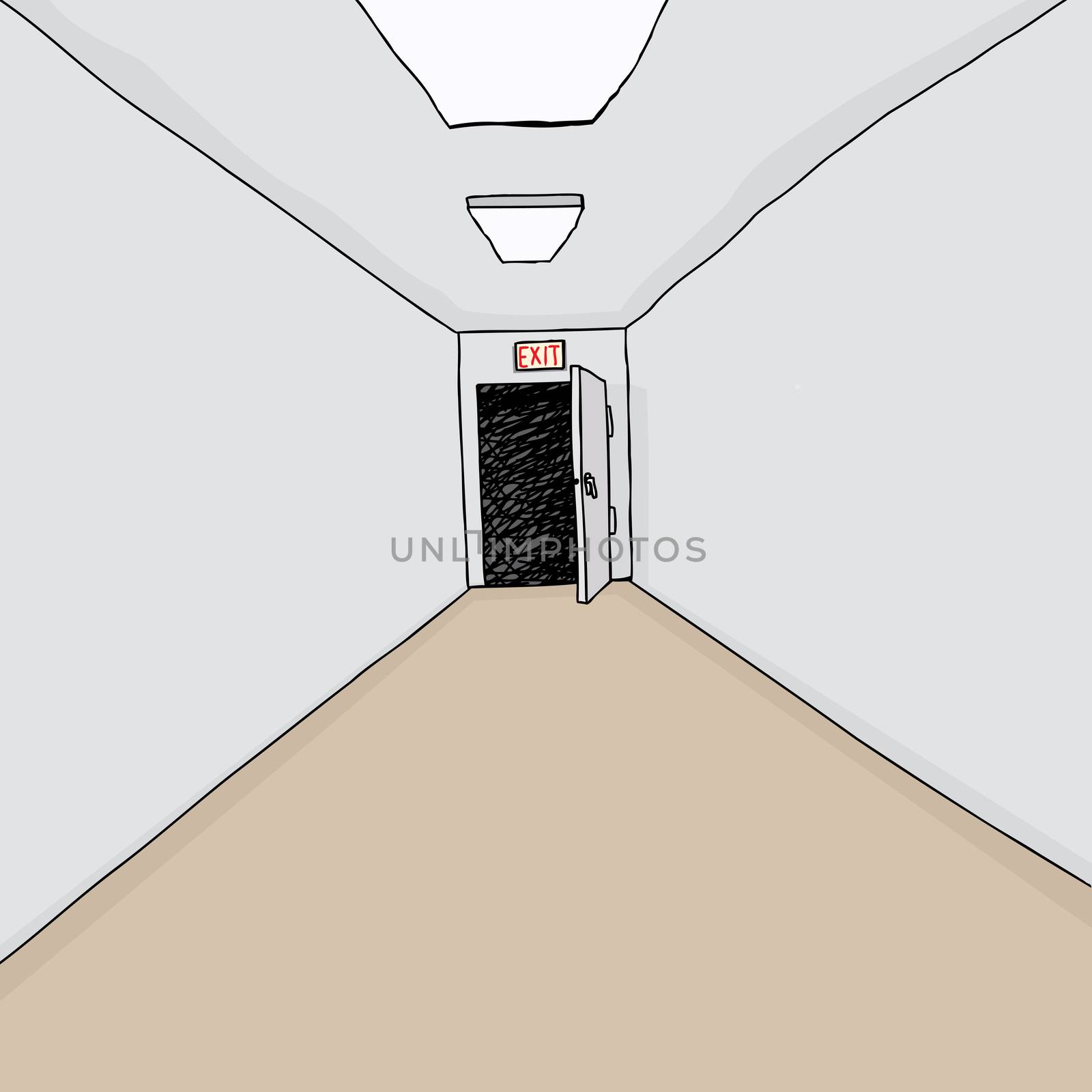 Cartoon hallway background with single exit door open