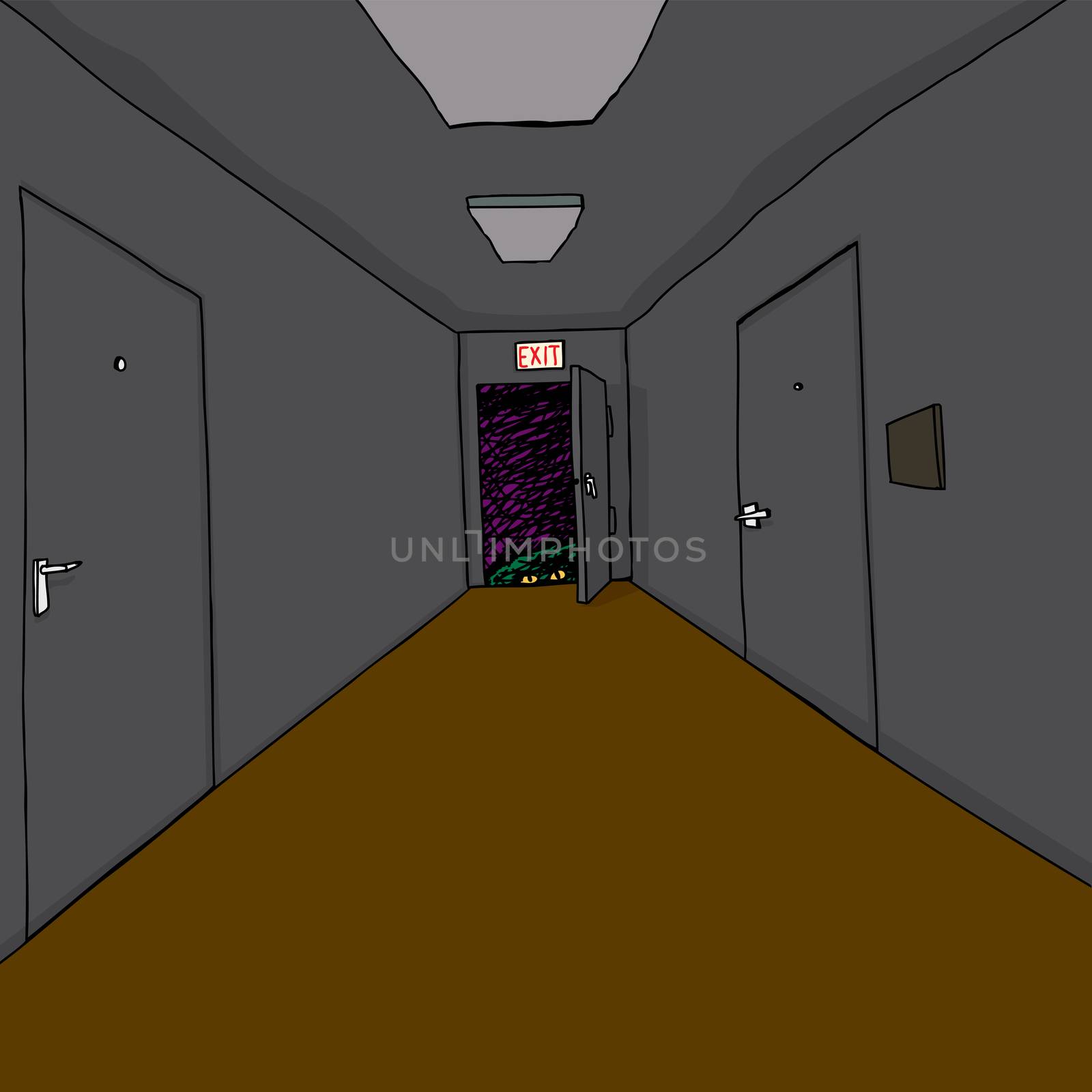 Scary green monster at end of dark hallway