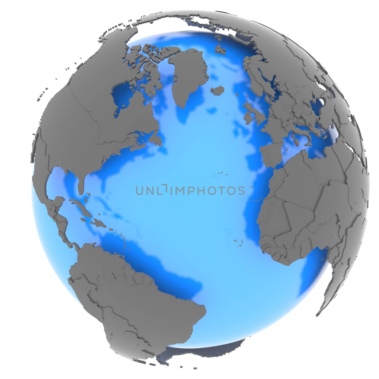 Continent surrounding the Atlantic ocean standing out of blue Earth in grey, isolated on white background