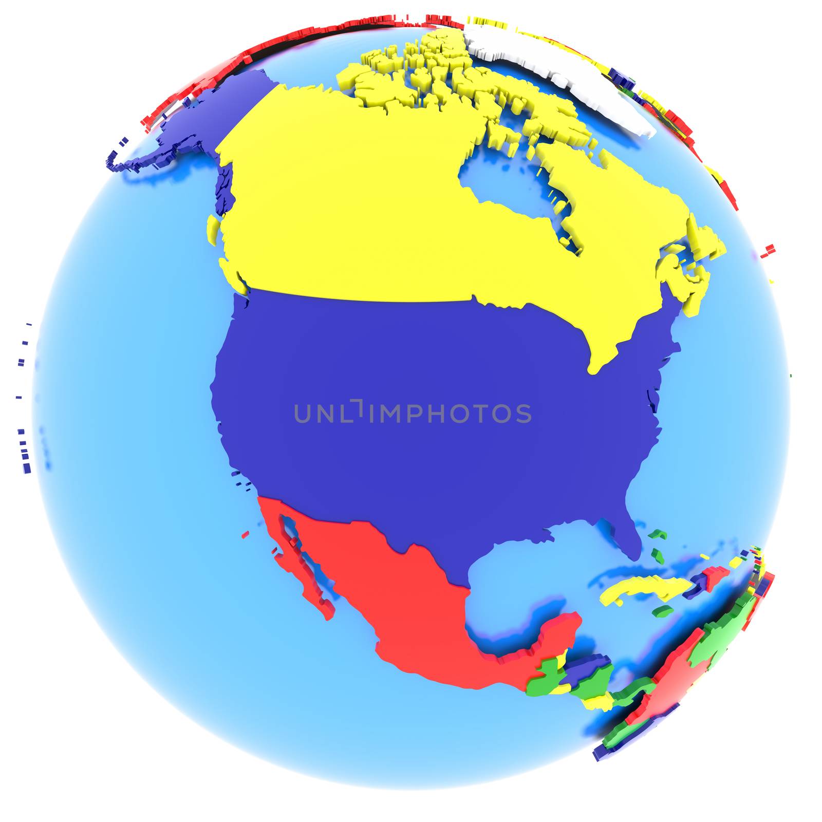Political map of North America with countries in four colours, isolated on white background. 
