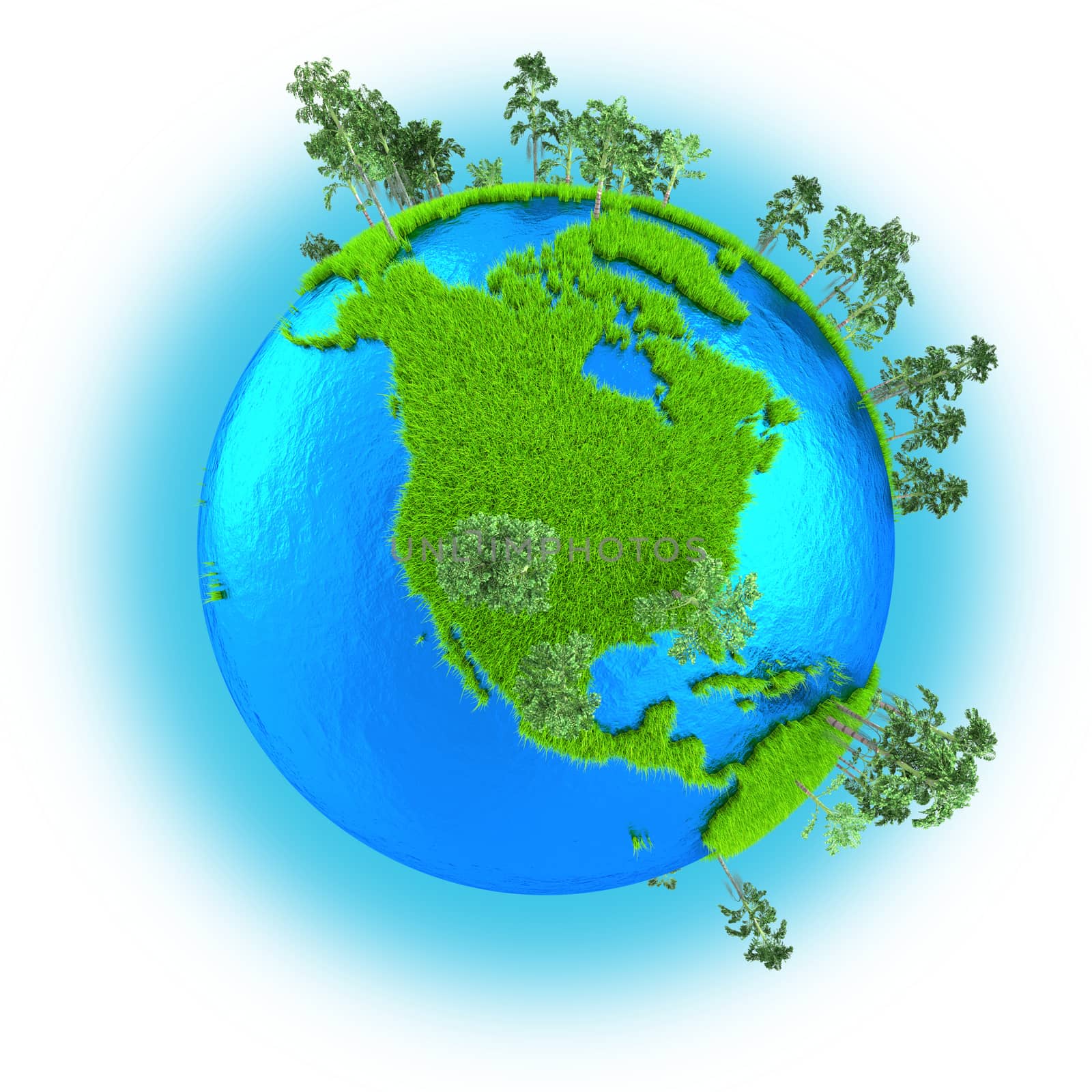 North America on grassy planet Earth with trees isolated on white background