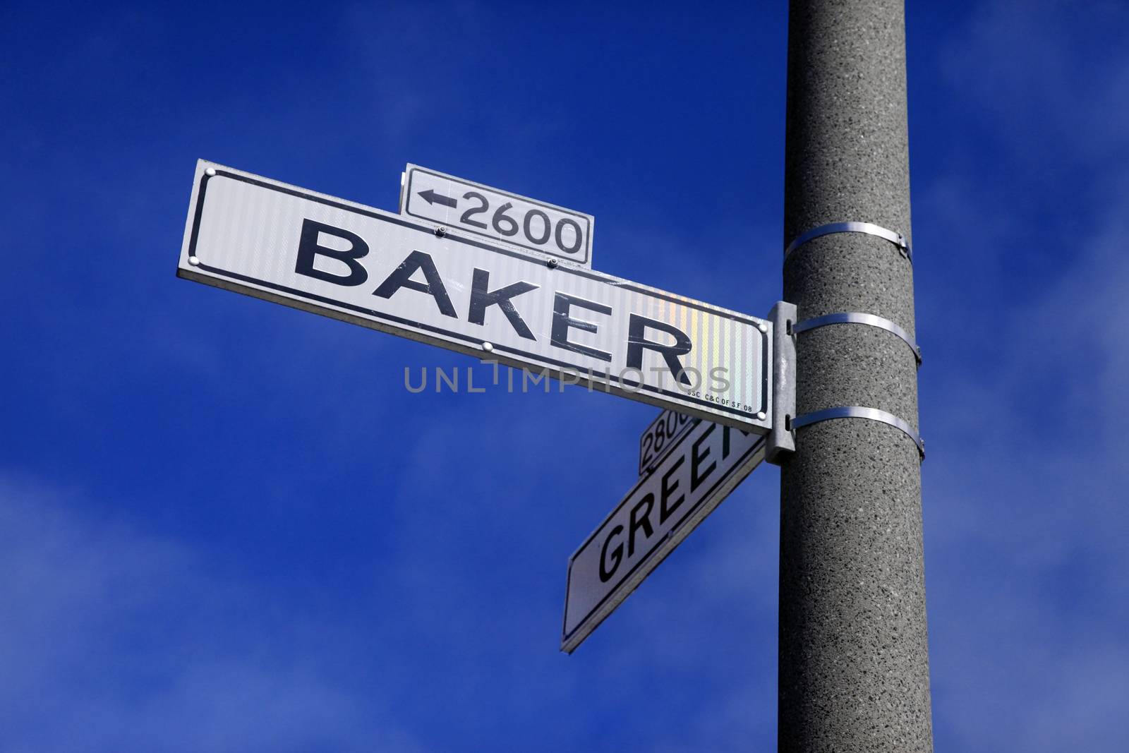 Roadsign Green Street and Baker Street in San Francisco, California.