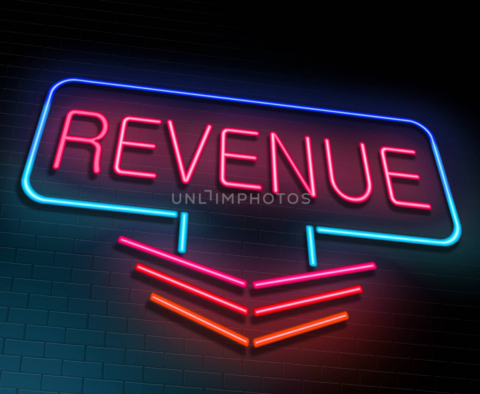 Illustration depicting an illuminated neon sign with a revenue concept.