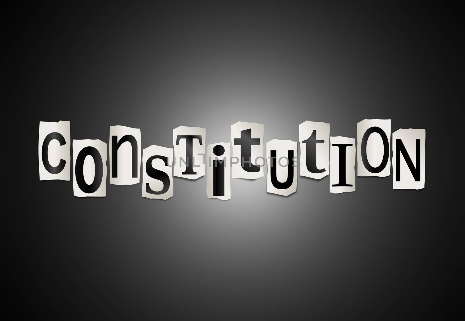 Illustration depicting a set of cut out printed letters arranged to form the word Constitution.