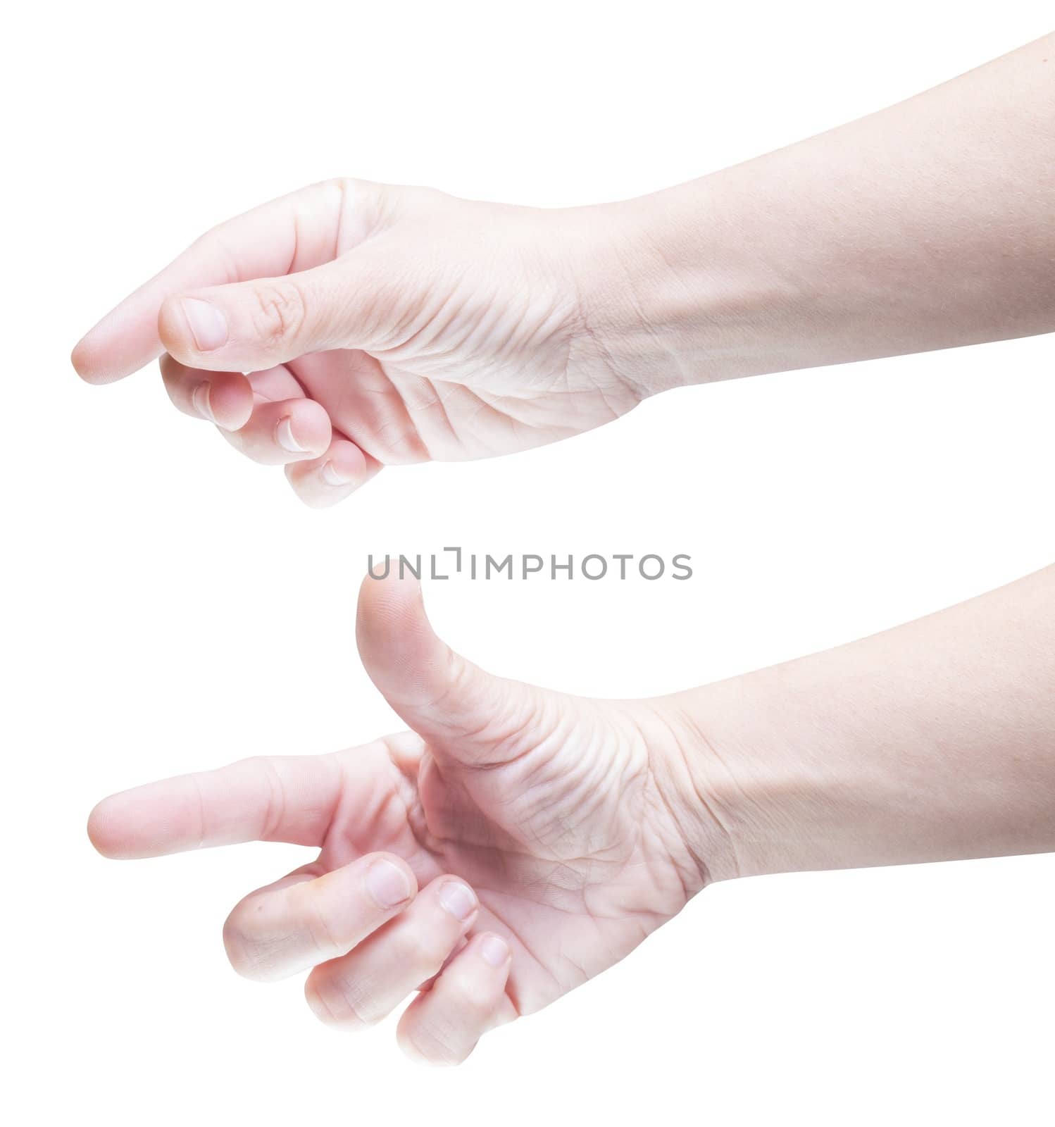 Set of two hands gesturing for zooming on tablet.