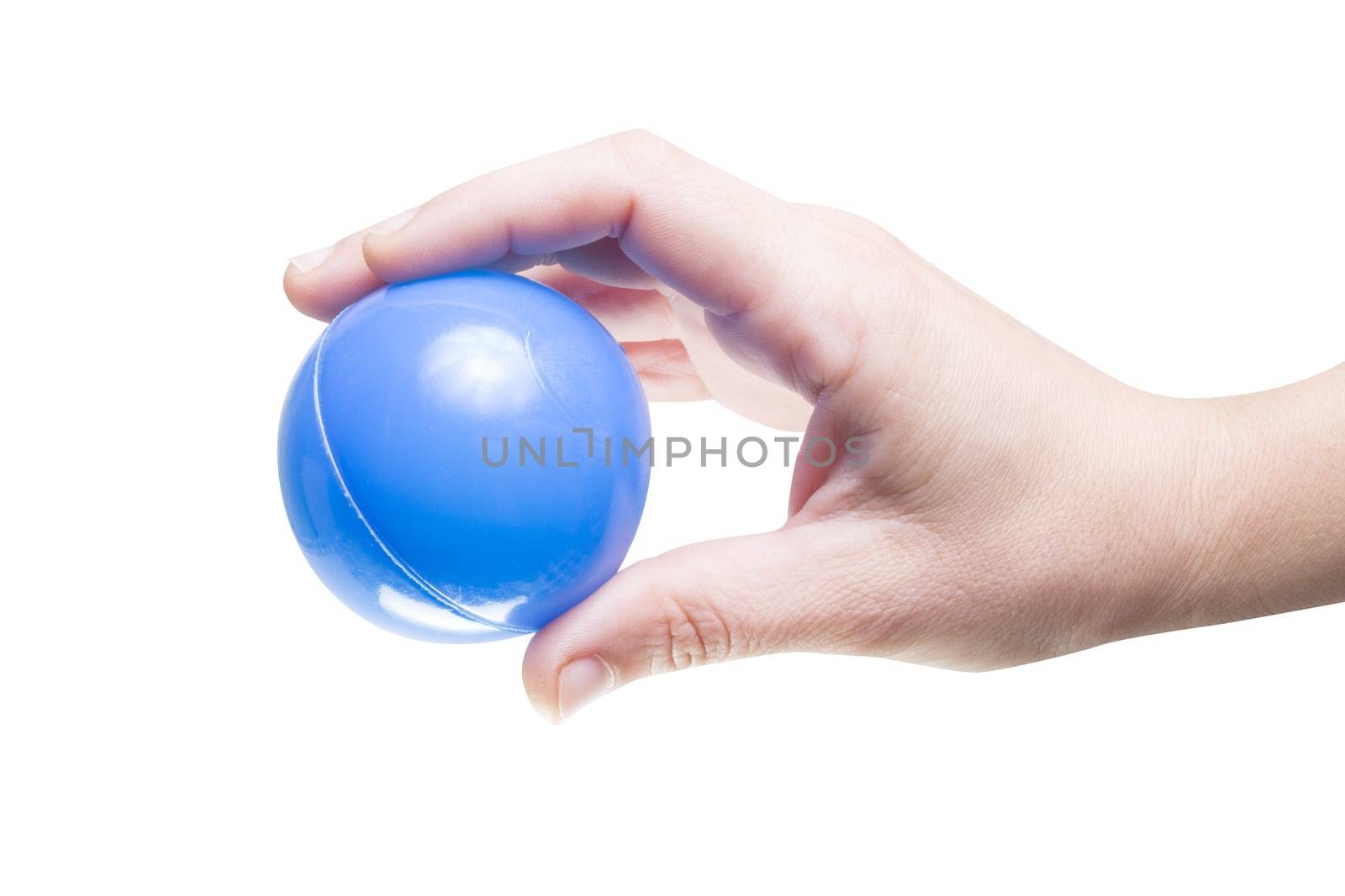 Human hand holding a blue ball, white background.