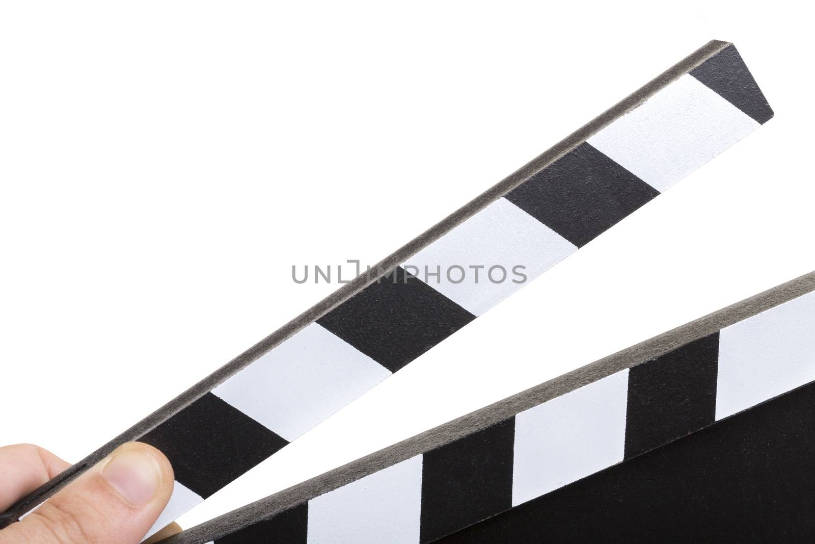 Close up picture of a clapperboard with white background