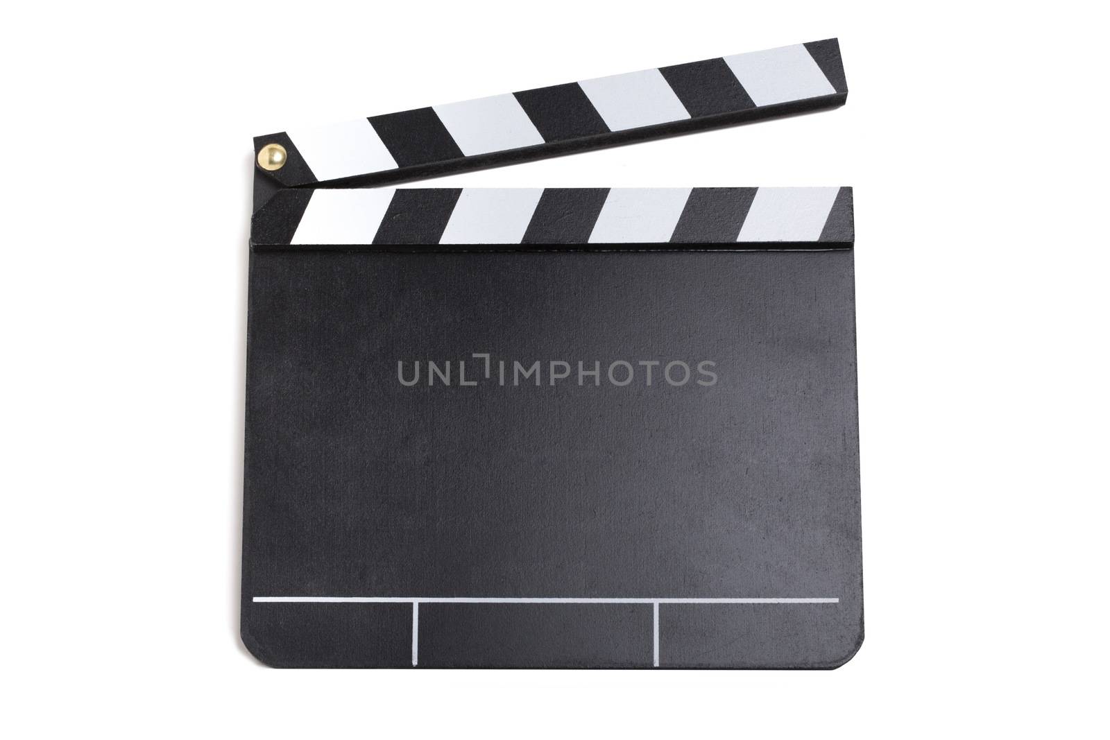Close up picture of a clapperboard with white background