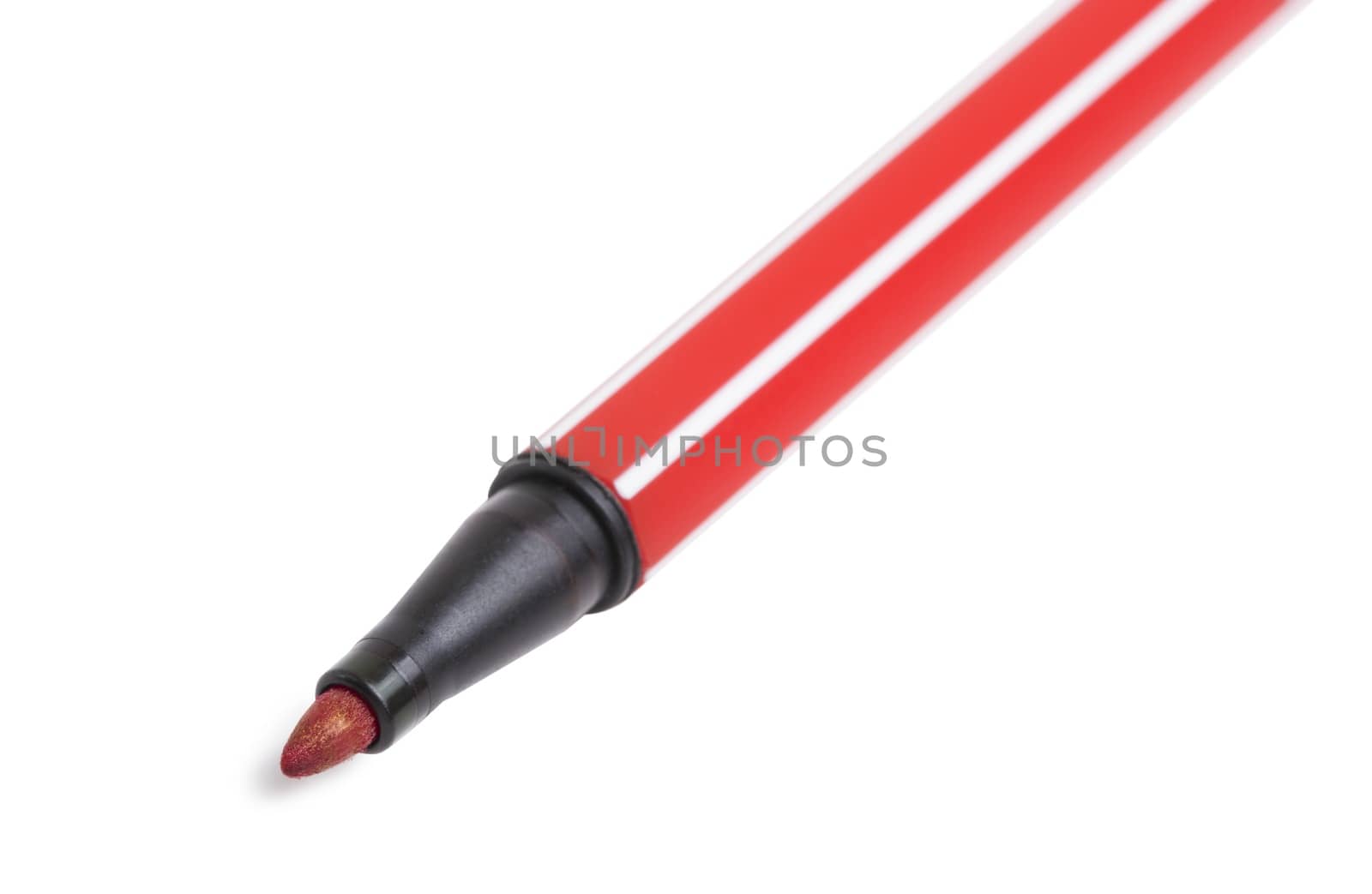 Close-up picture of a red felt pen with white background.