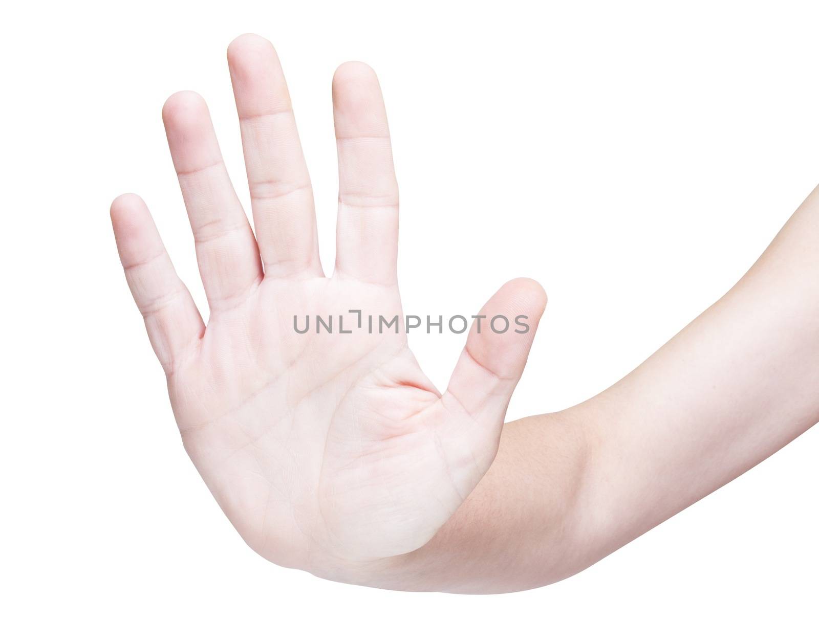 Picture of a woman hand making stop sign, isolated on white background.