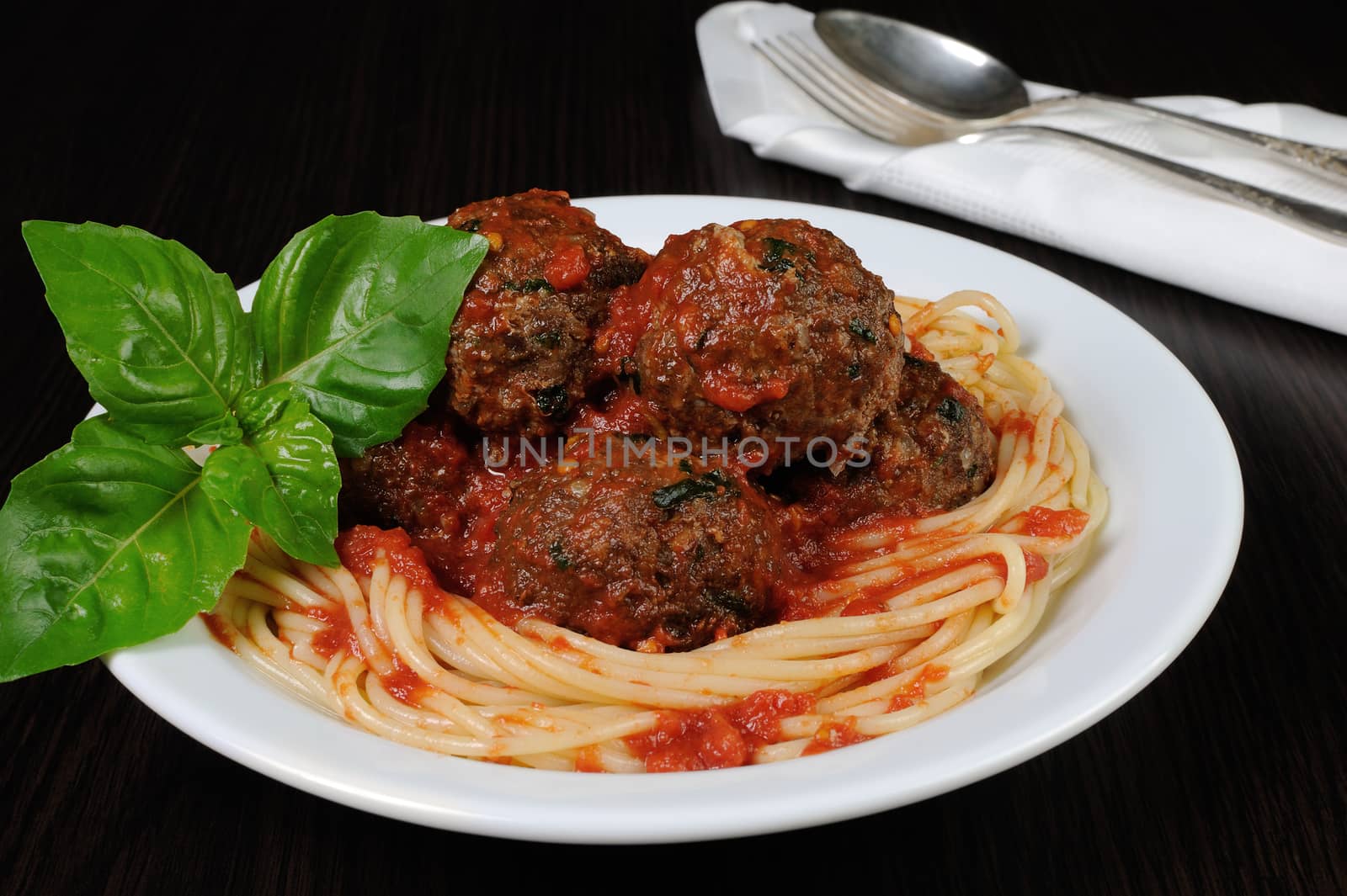 Meatballs with herbs and tomato sauce with spaghetti