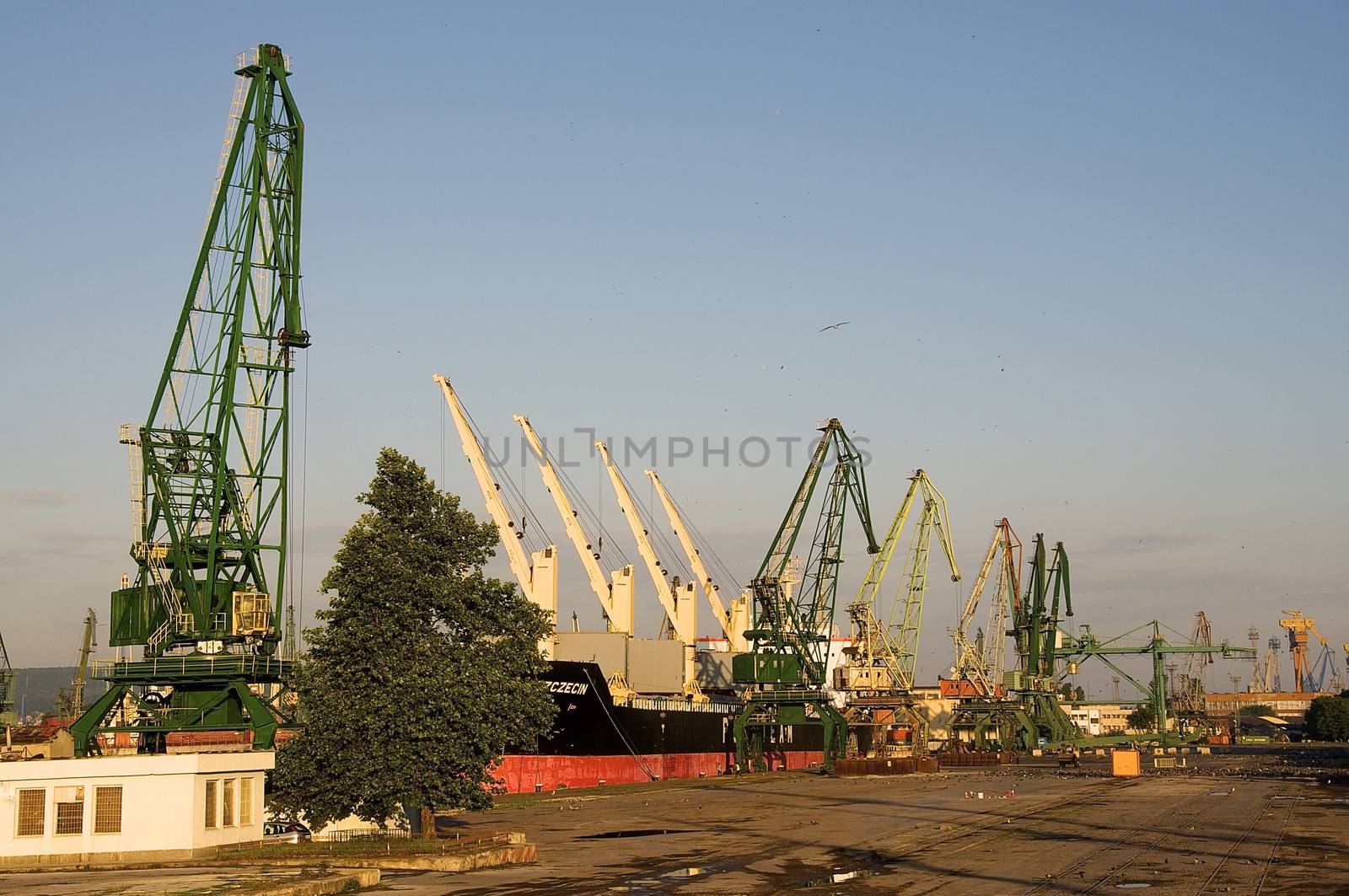 An early morning at sunrise in the port of Varna, on the Black Sea