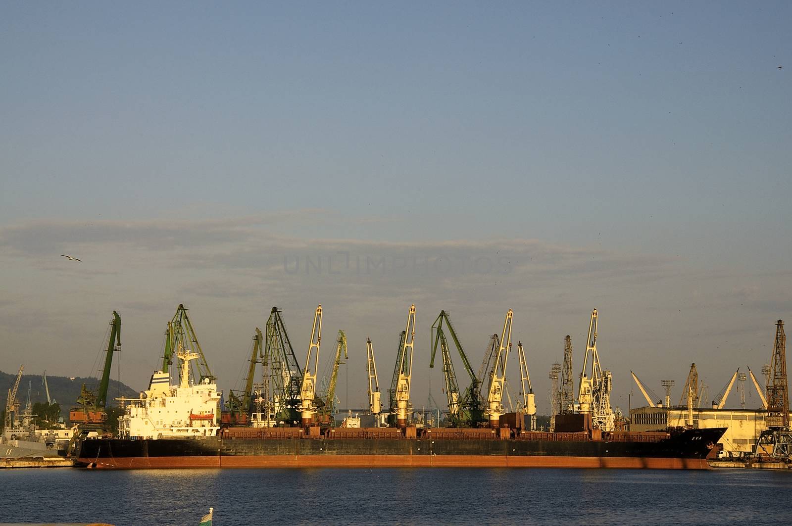 An early morning at sunrise in the port of Varna, on the Black Sea