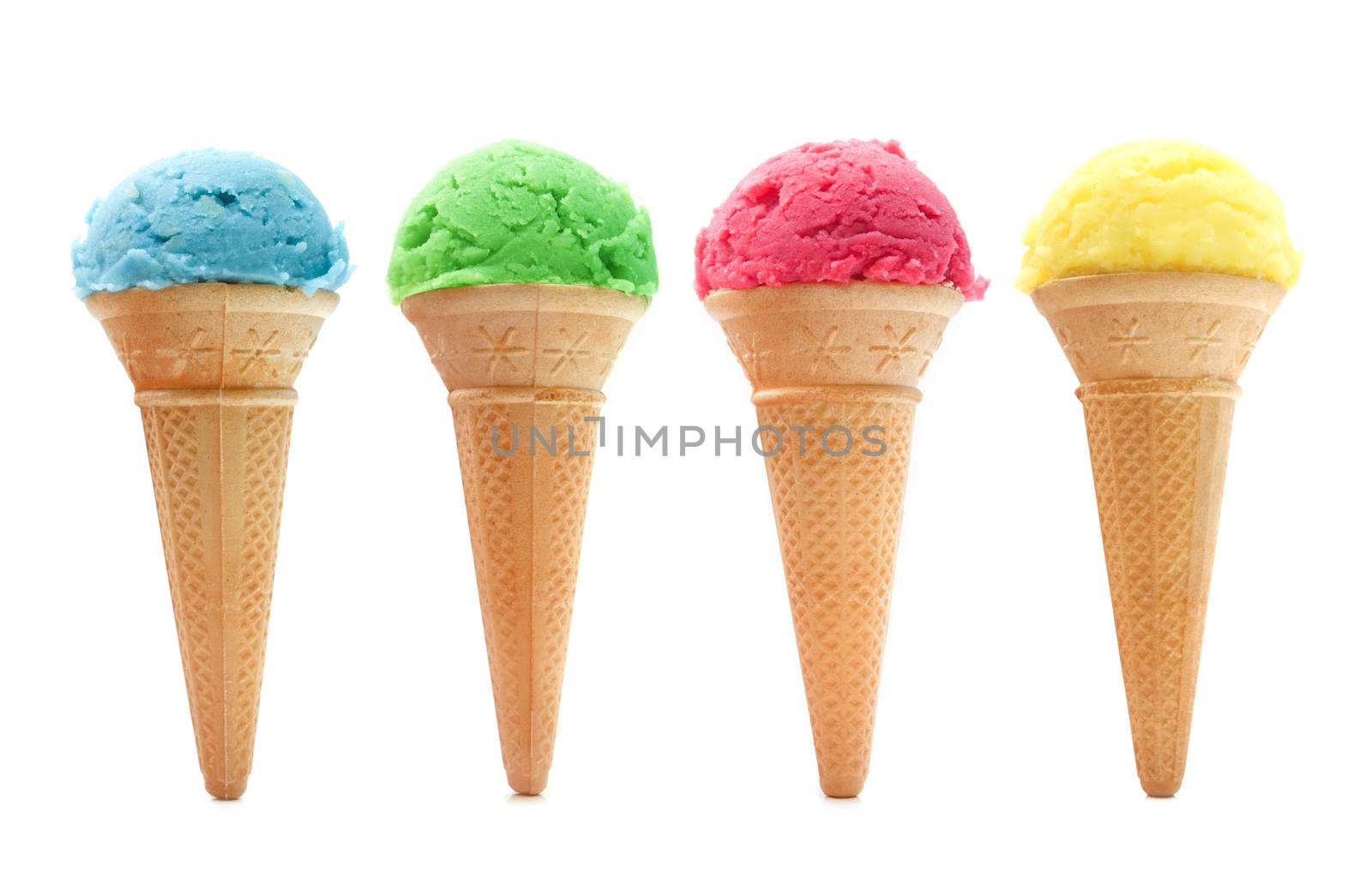 Assorted ice cream cones over a white background