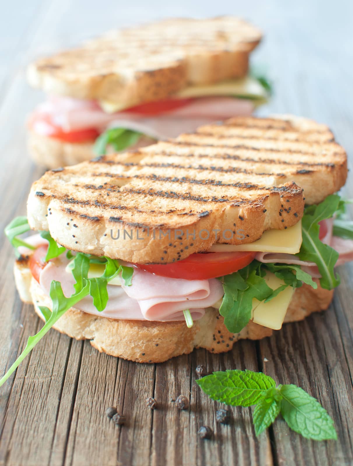 Grilled deli sandwiches with ham and cheese on top of a chopping board 
