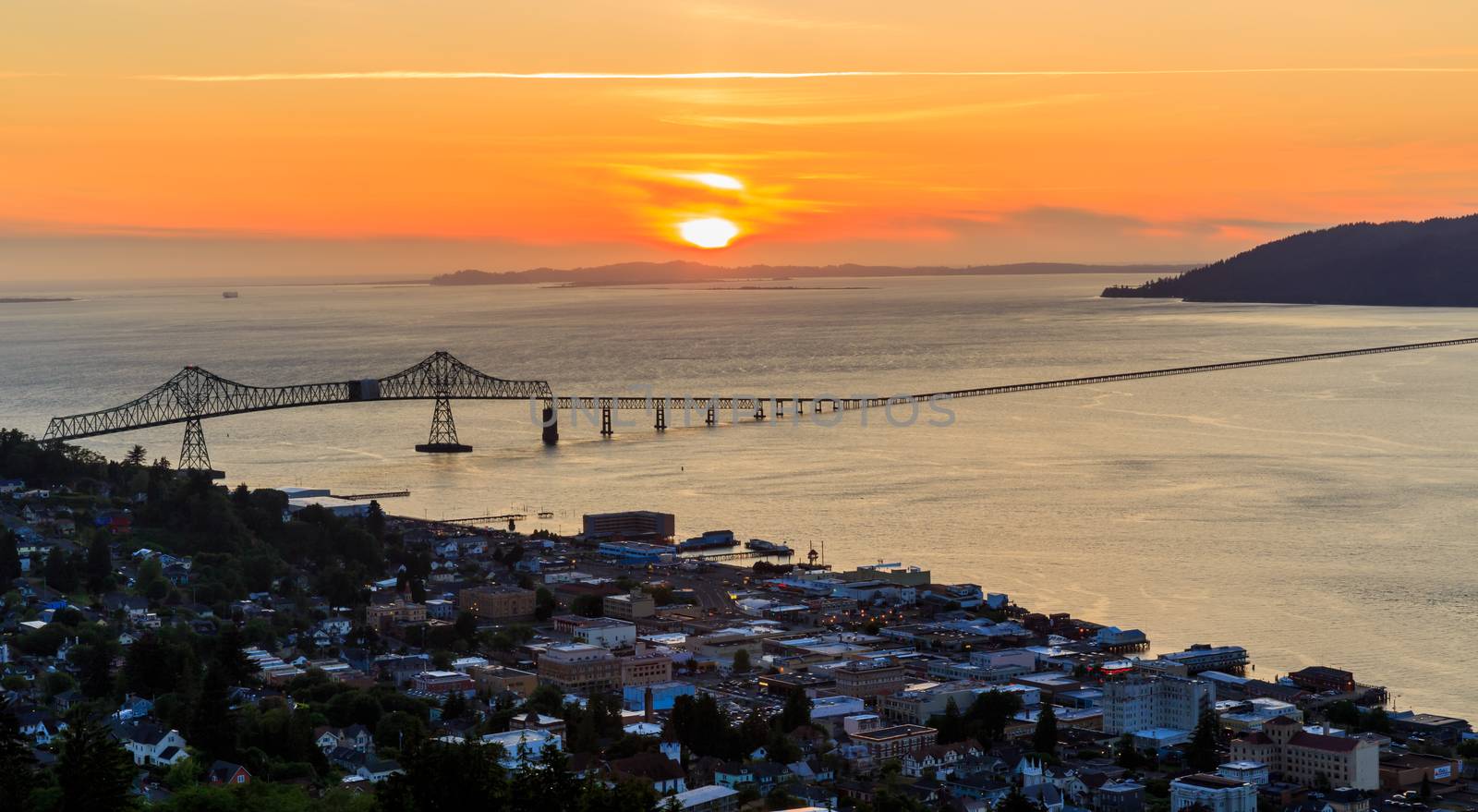 An overlook of Astoria, Oregon from the hill above town. Looking down on the meeting of the Columbia River and the Pacific Ocean.